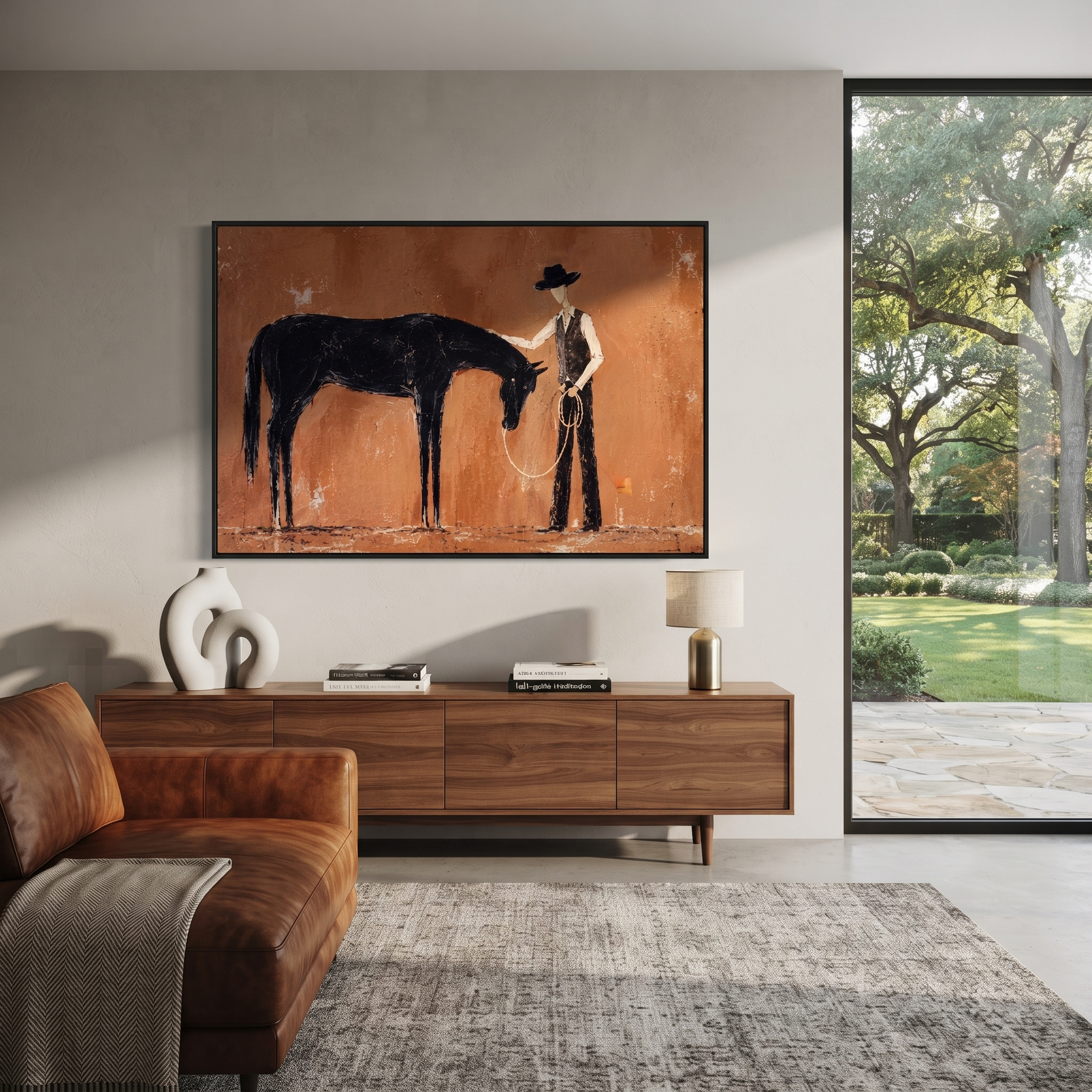 Bowed Horse Meets Handler styled with wood, linen, and modern decor
