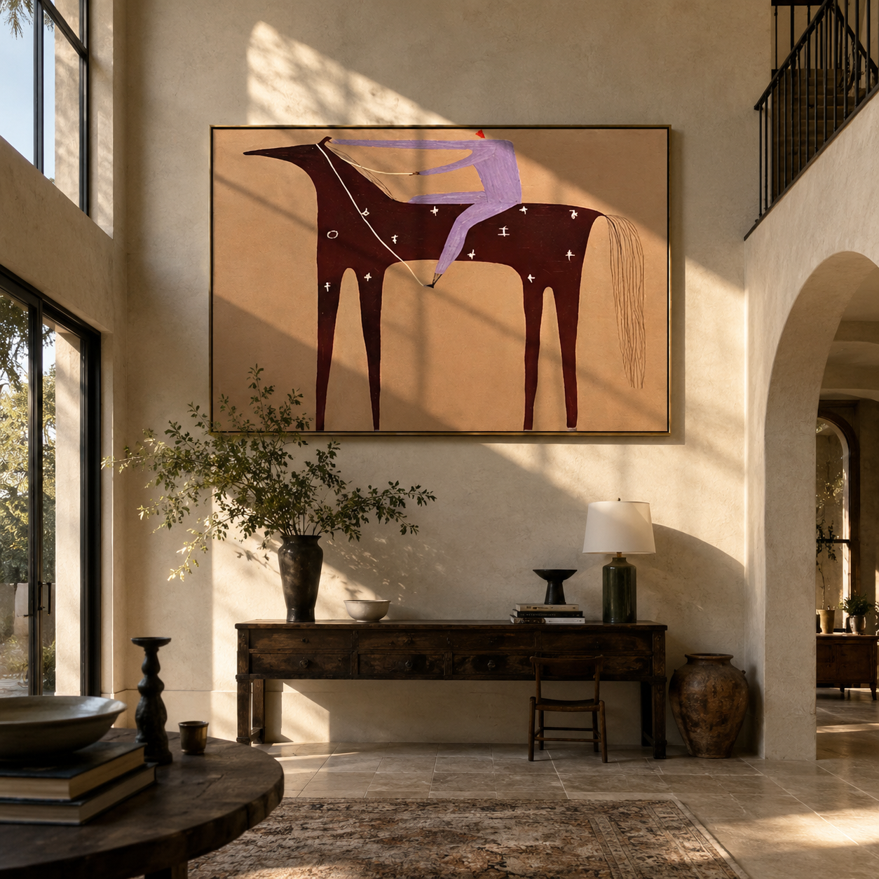 Purple Rider Crosses Sand displayed in a layered residential setting