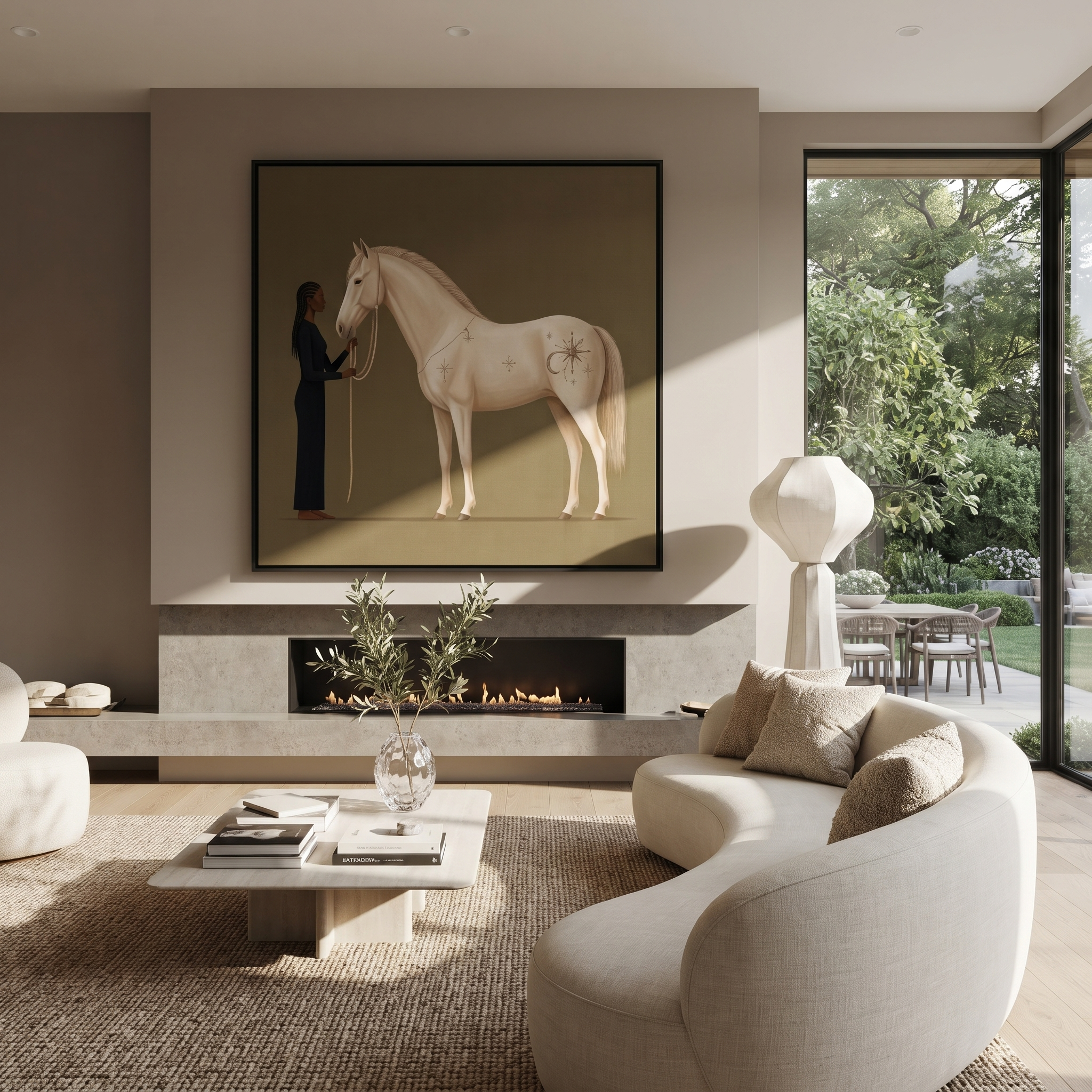 White Horse Greets Midnight displayed in a collected contemporary interior