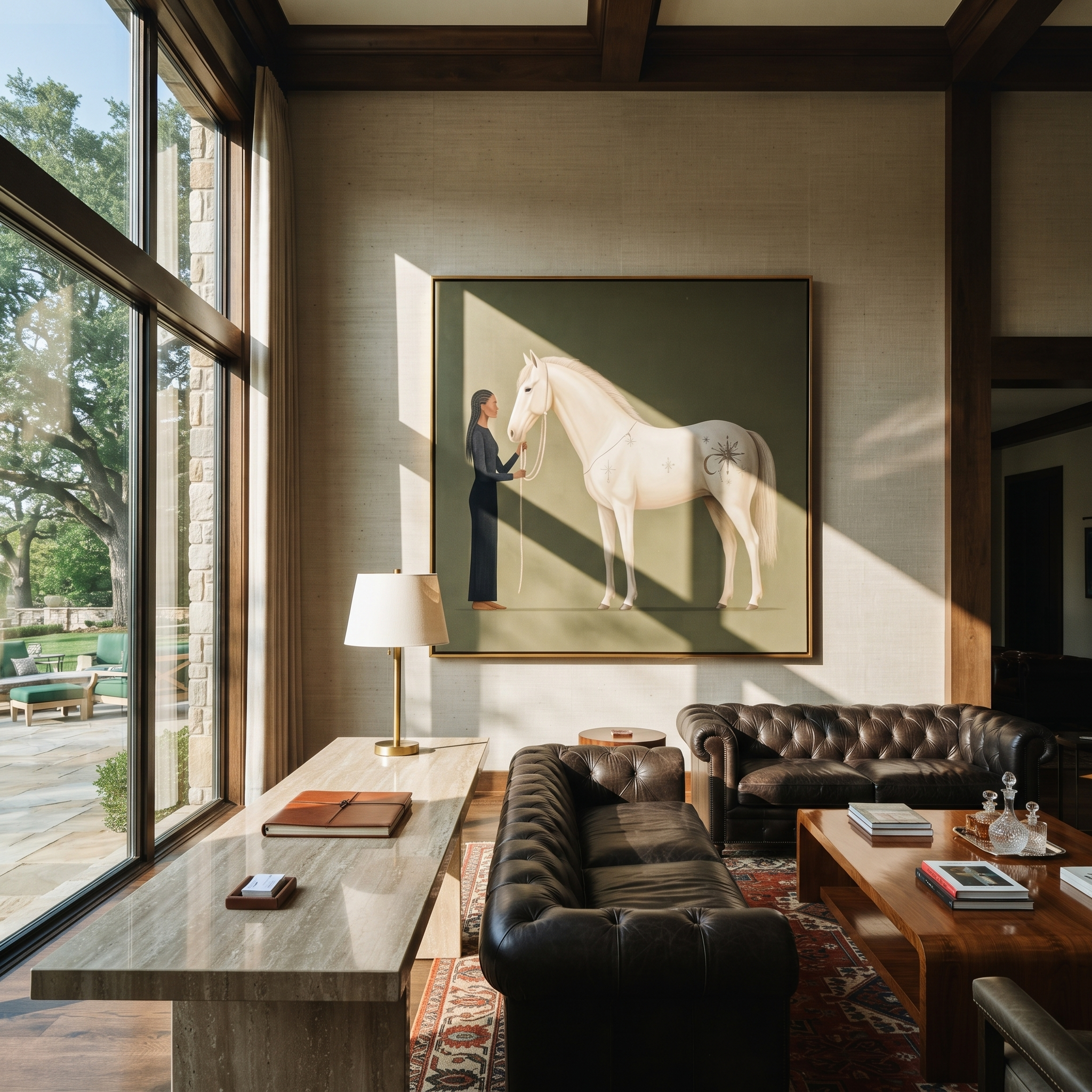 White Horse Greets Midnight styled with warm modern furnishings