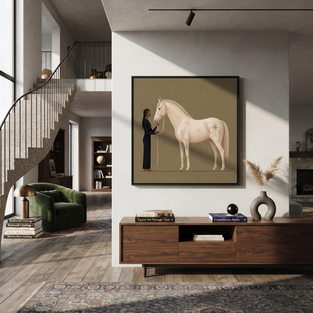 White Horse Greets Midnight presented as a colorful interior focal point