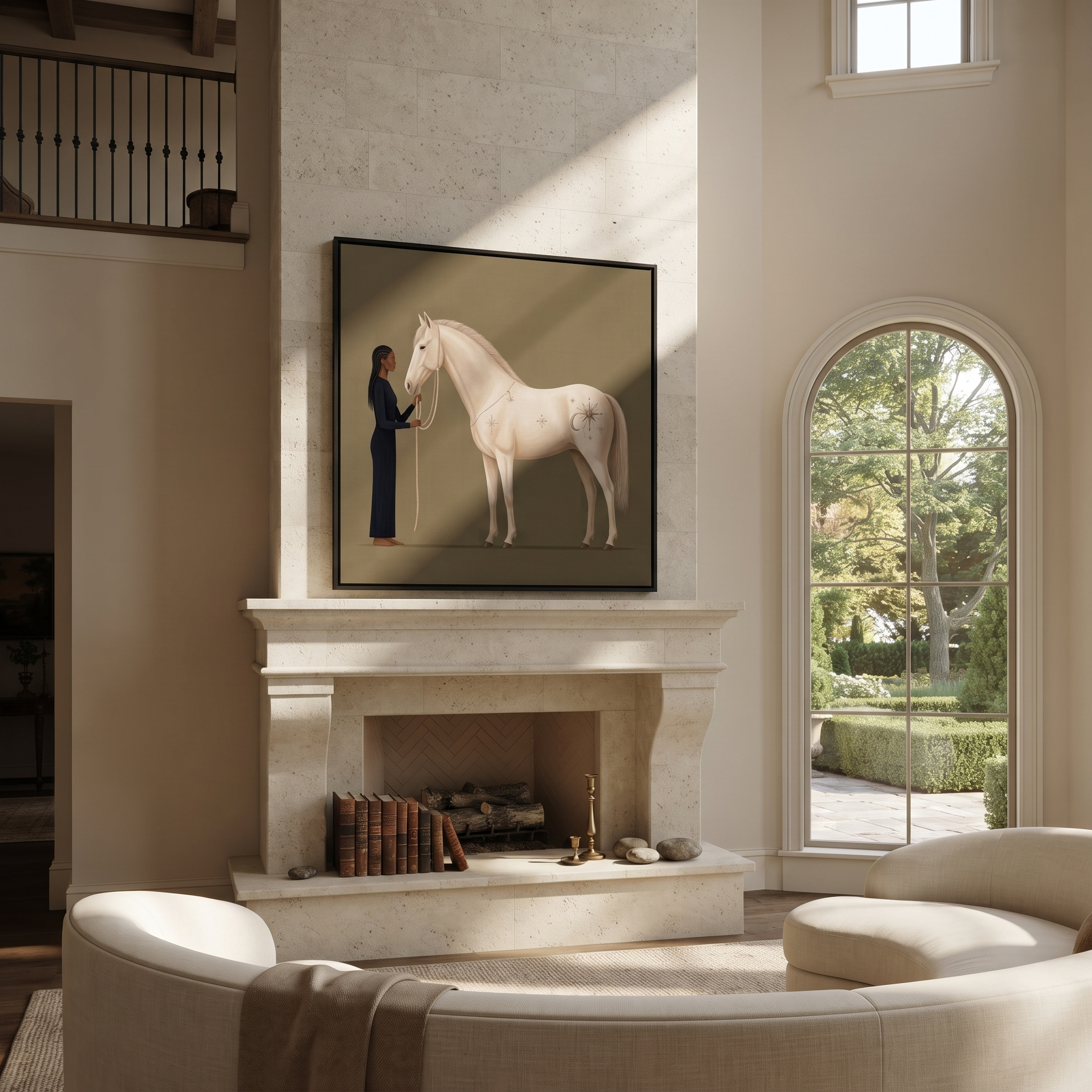White Horse Greets Midnight styled with wood, linen, and modern decor