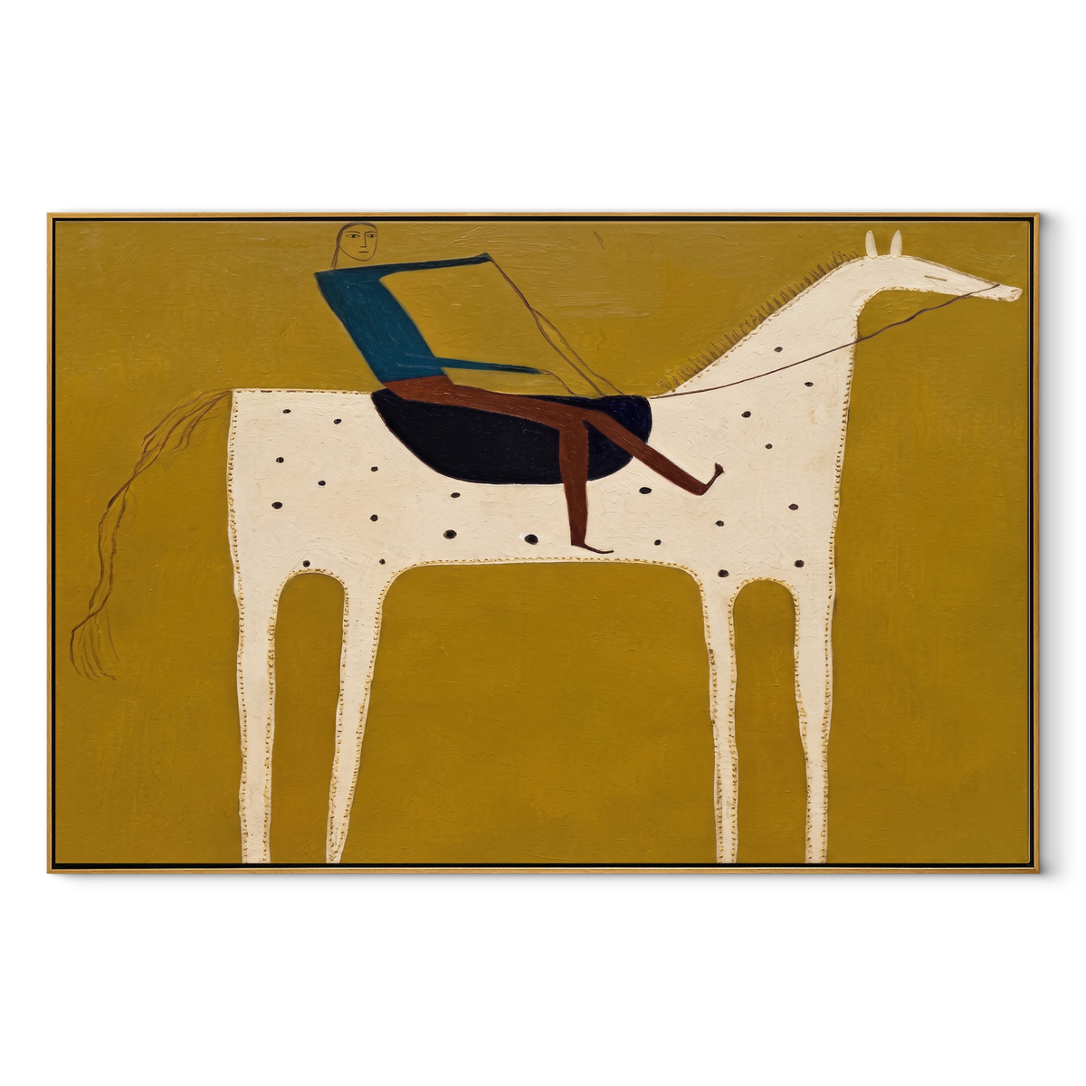 Blue Rider Crosses Mustard equestrian horse painting, horizontal canvas artwork