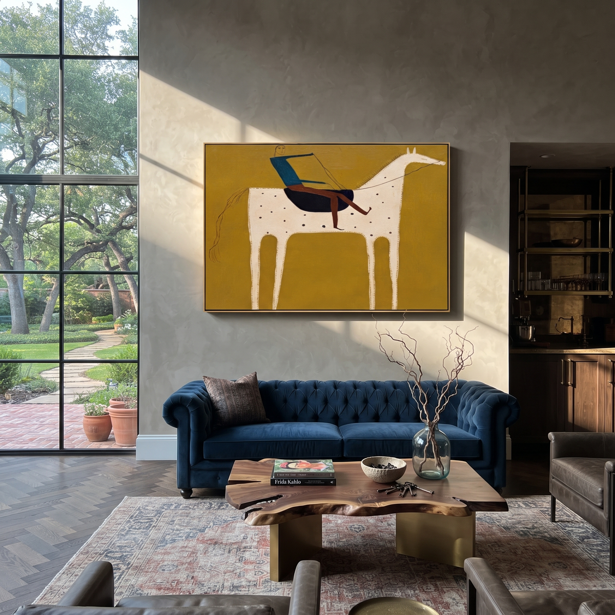 Blue Rider Crosses Mustard styled with warm modern furnishings
