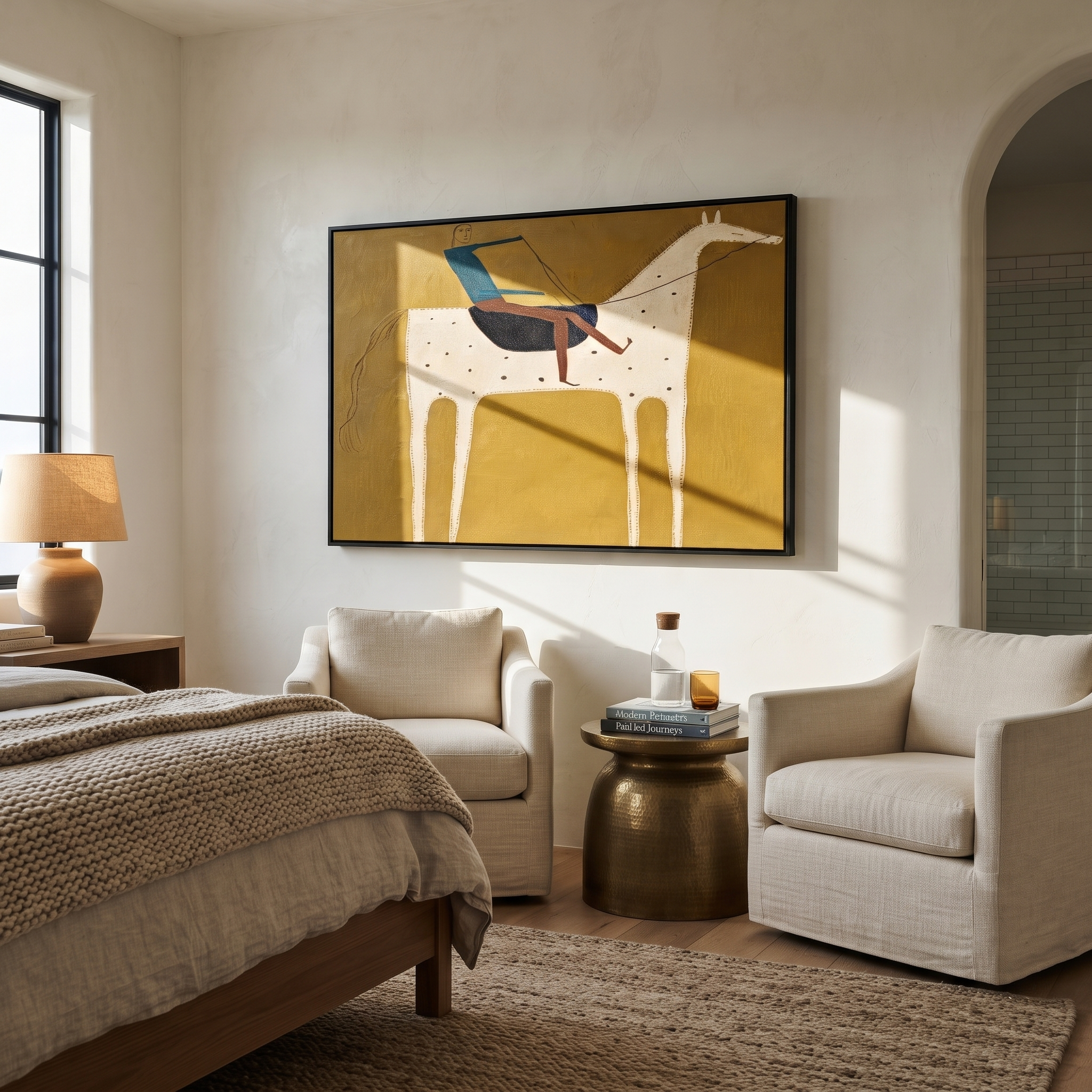 Blue Rider Crosses Mustard displayed in a layered residential setting