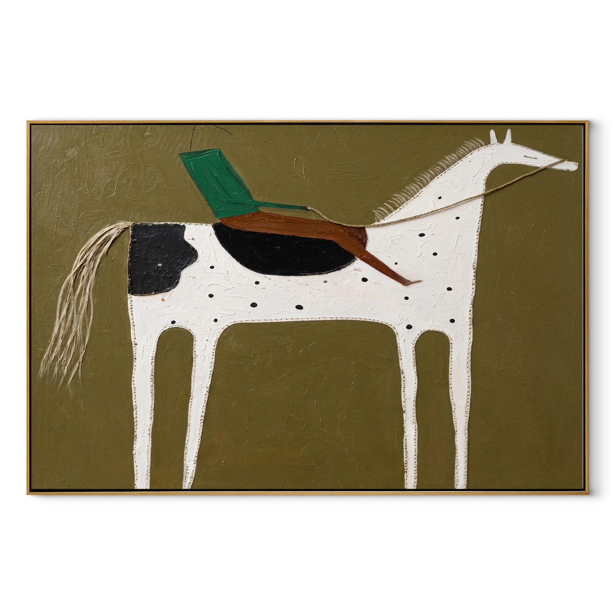 Green Rider Crosses Olive equestrian horse painting, horizontal canvas artwork