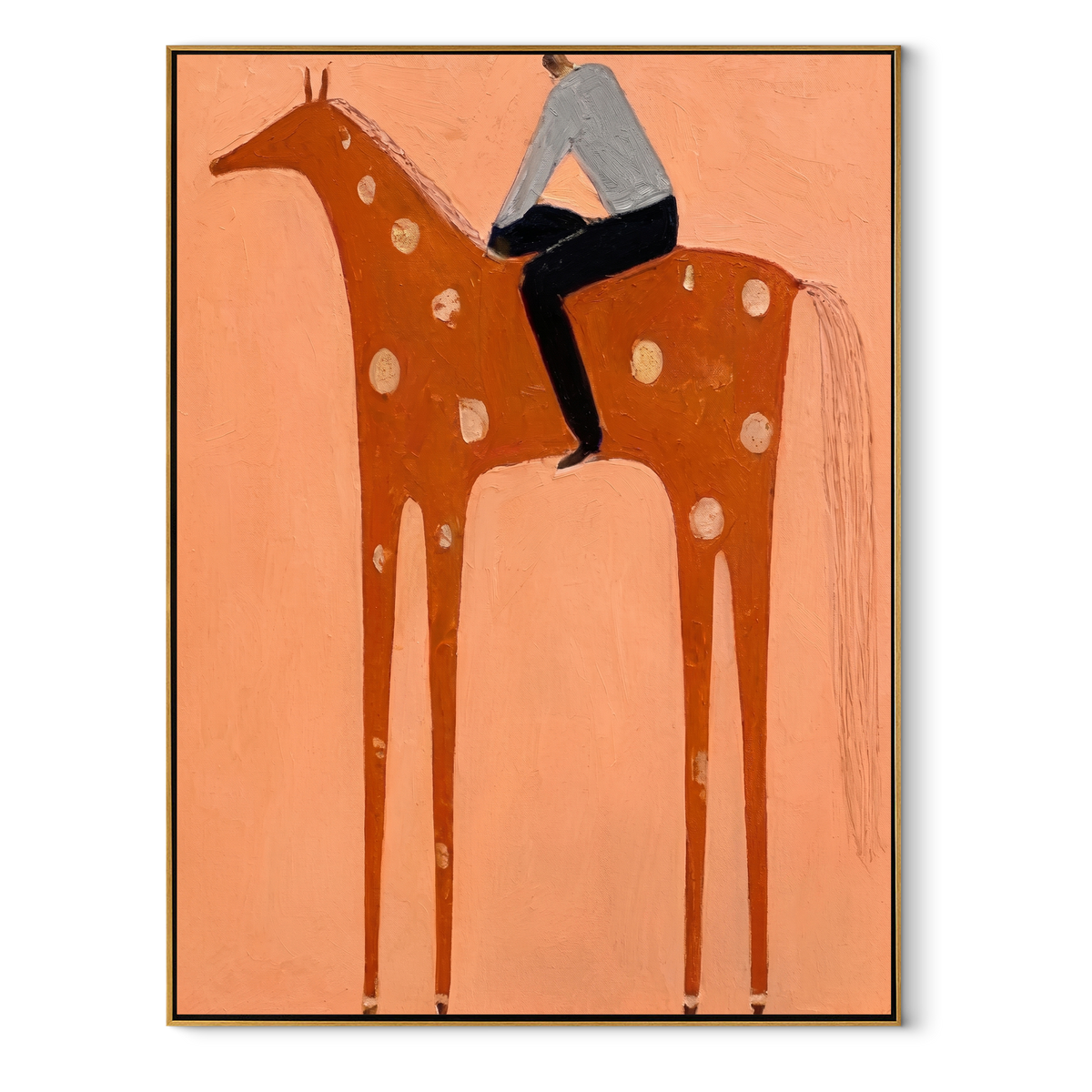 Silver Shirt Meets Coral equestrian horse painting, vertical canvas artwork