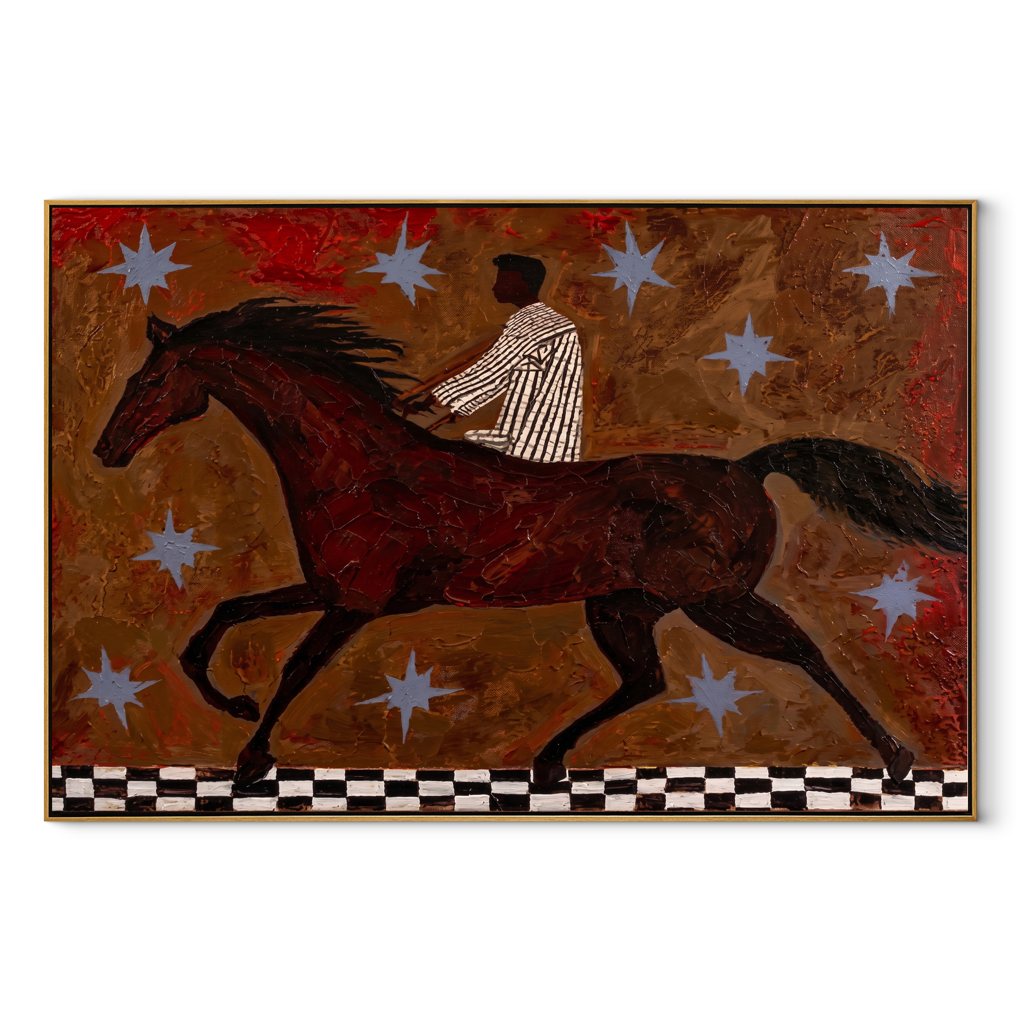 Striped Rider Chases Stars equestrian horse painting, horizontal canvas artwork