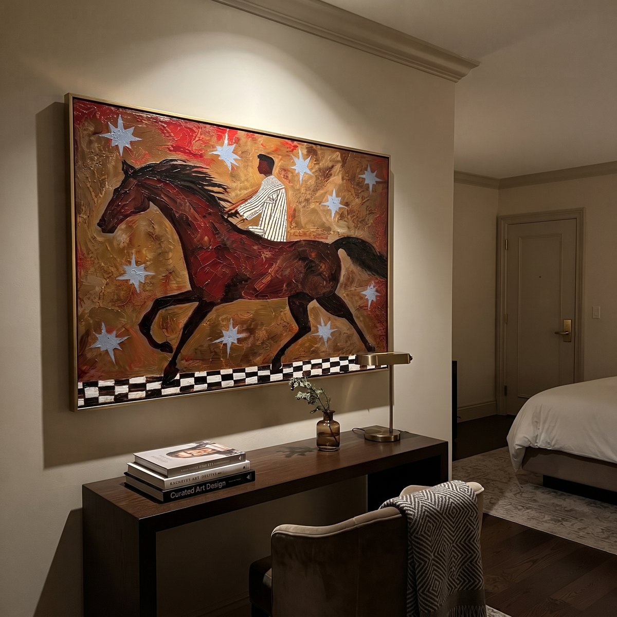 Striped Rider Chases Stars styled with wood, linen, and modern decor