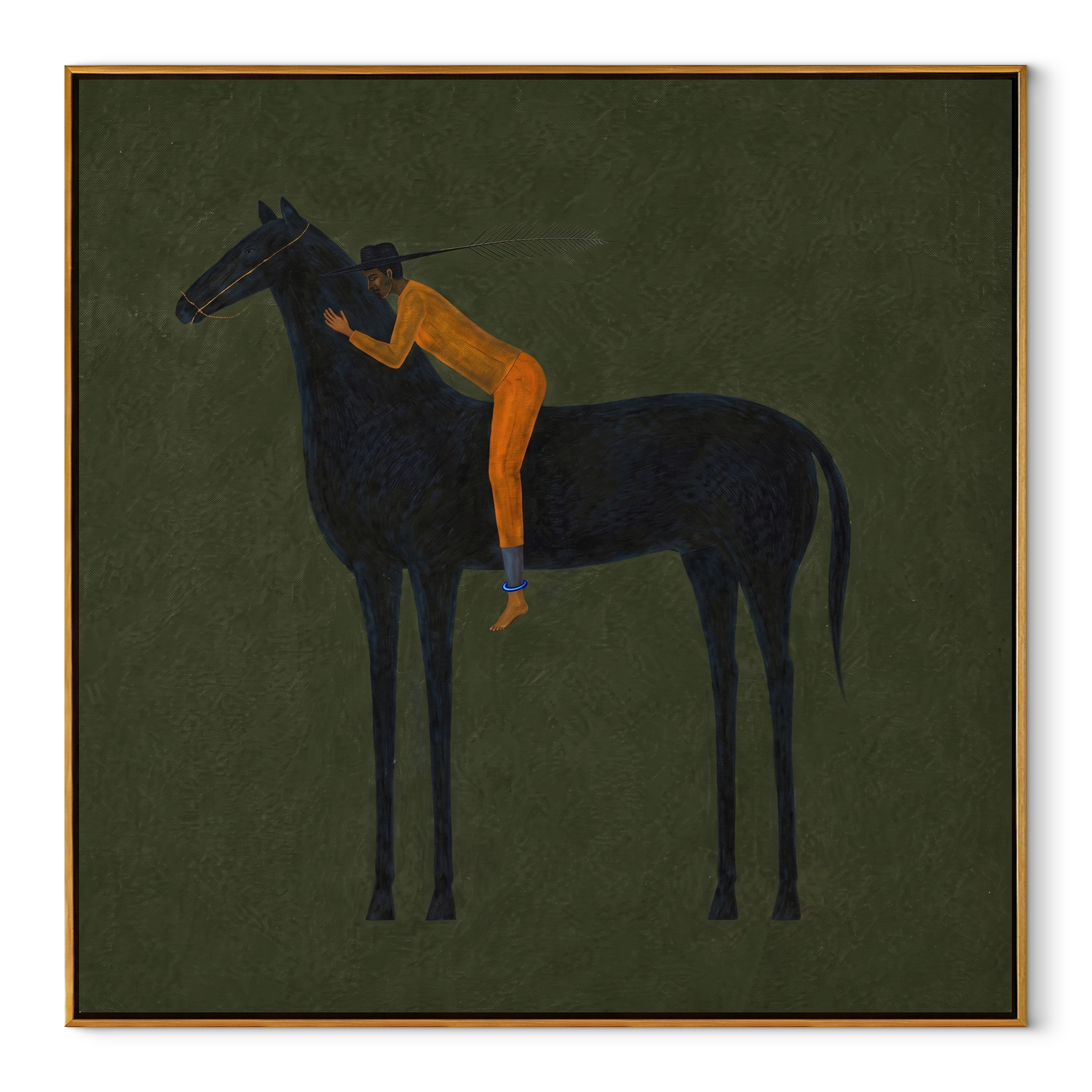 Orange Figure Leans Midnight equestrian horse painting, square canvas artwork