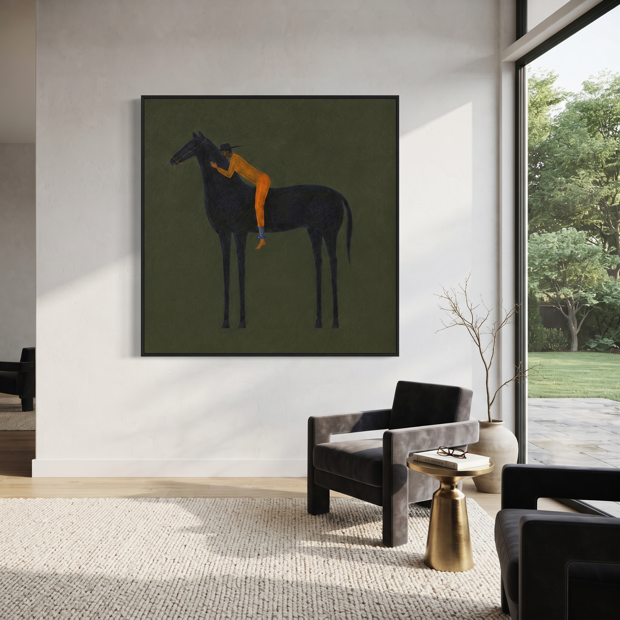 Orange Figure Leans Midnight displayed in a layered residential setting
