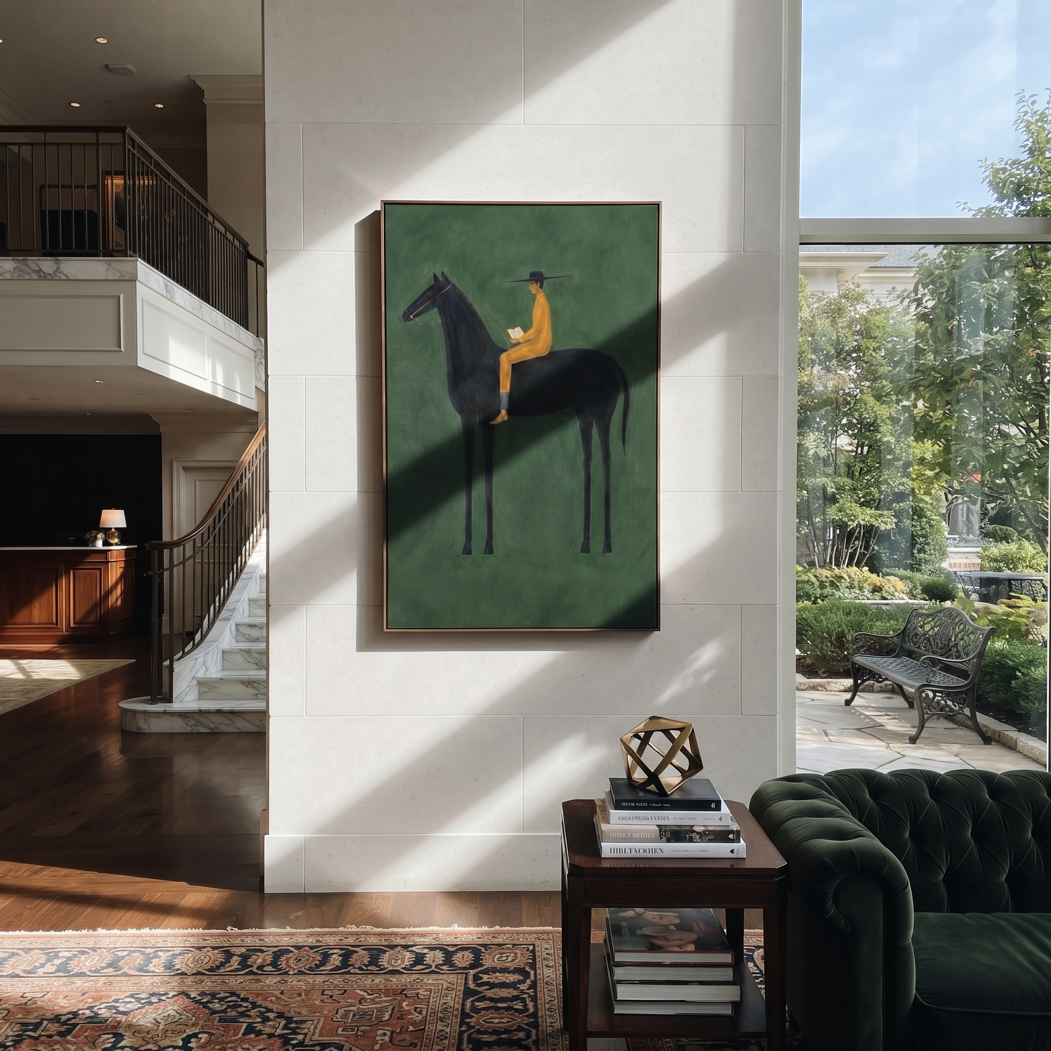 Mustard Reader Rides Green displayed in a collected contemporary interior