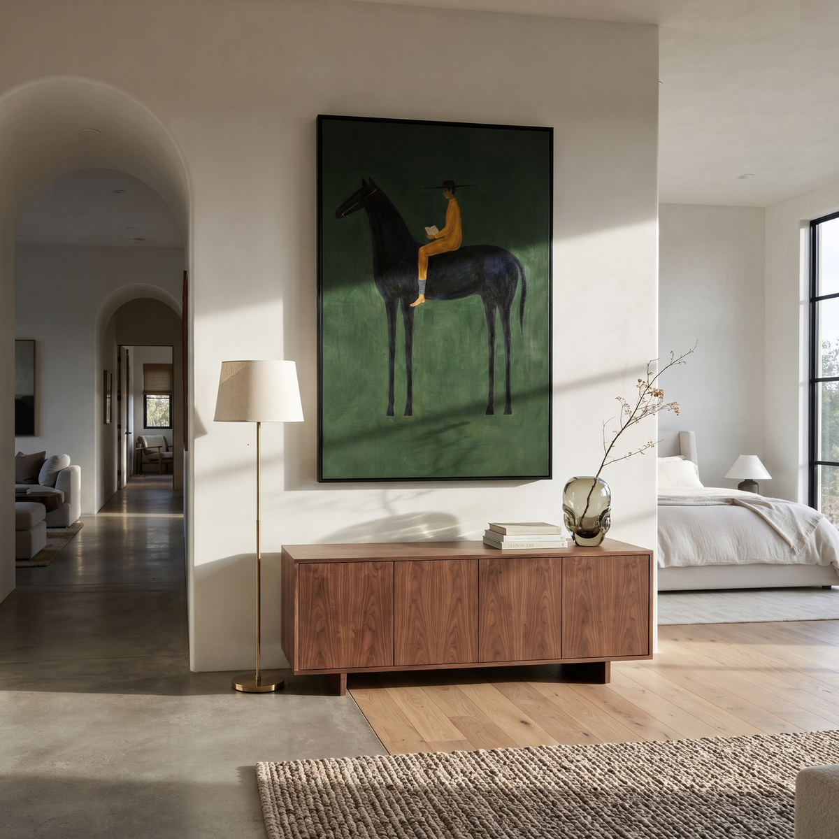 Mustard Reader Rides Green styled with wood, linen, and modern decor
