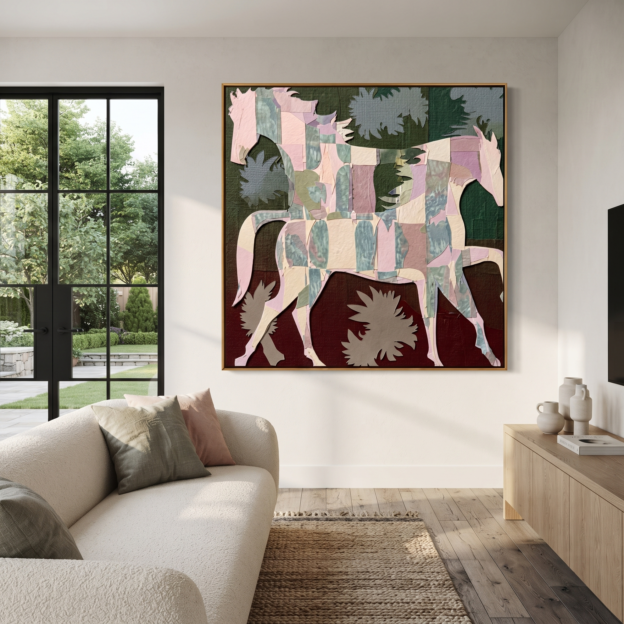 Patchwork Horses Cross Garden displayed in a collected contemporary interior