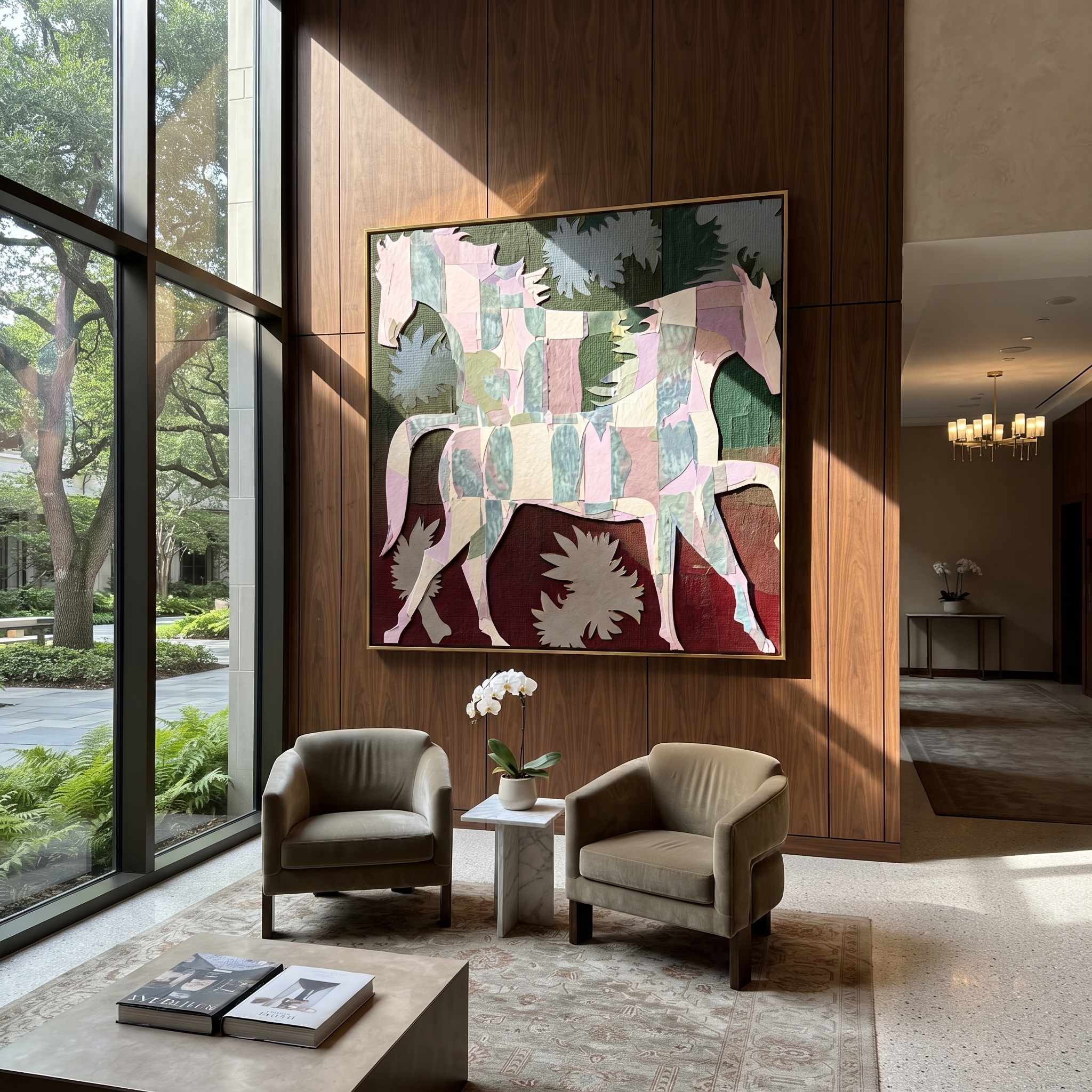 Patchwork Horses Cross Garden styled with wood, linen, and modern decor