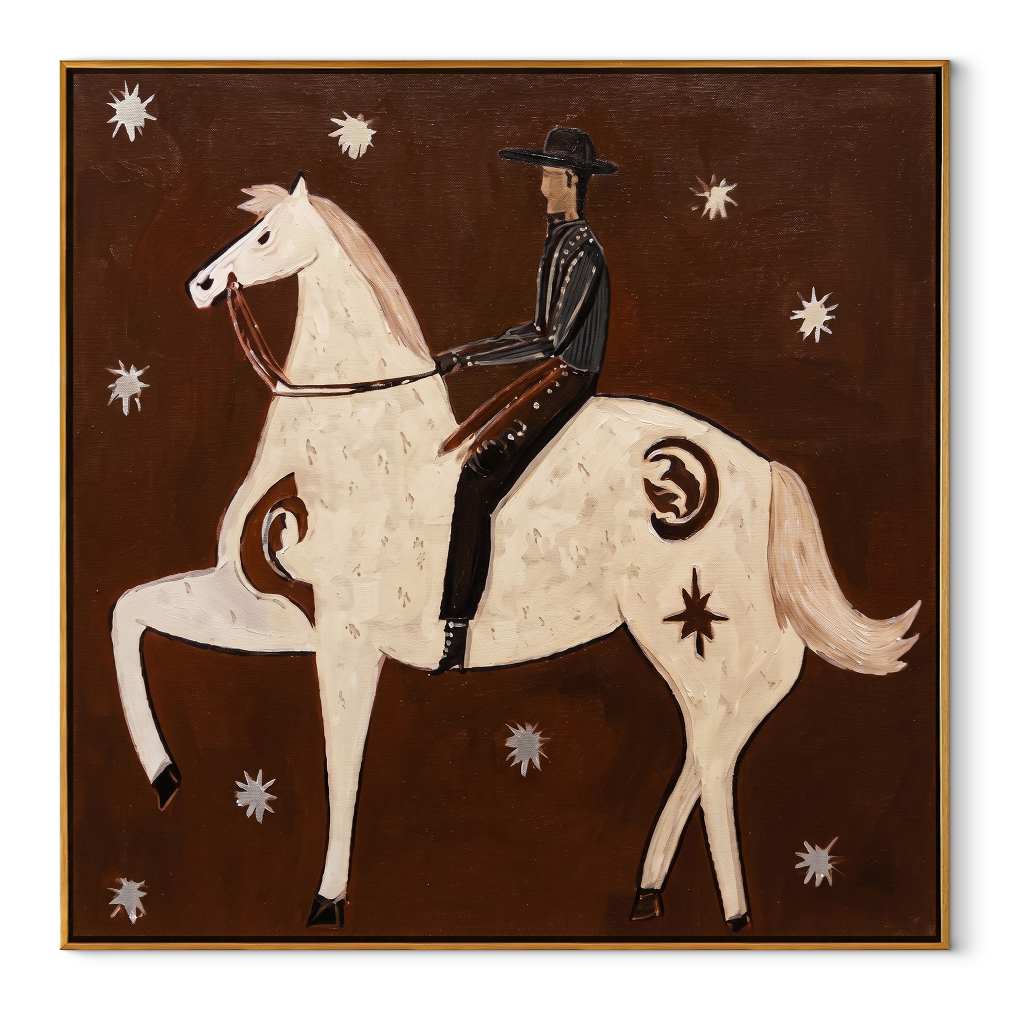 White Horse Rears Moonward equestrian horse painting, square canvas artwork
