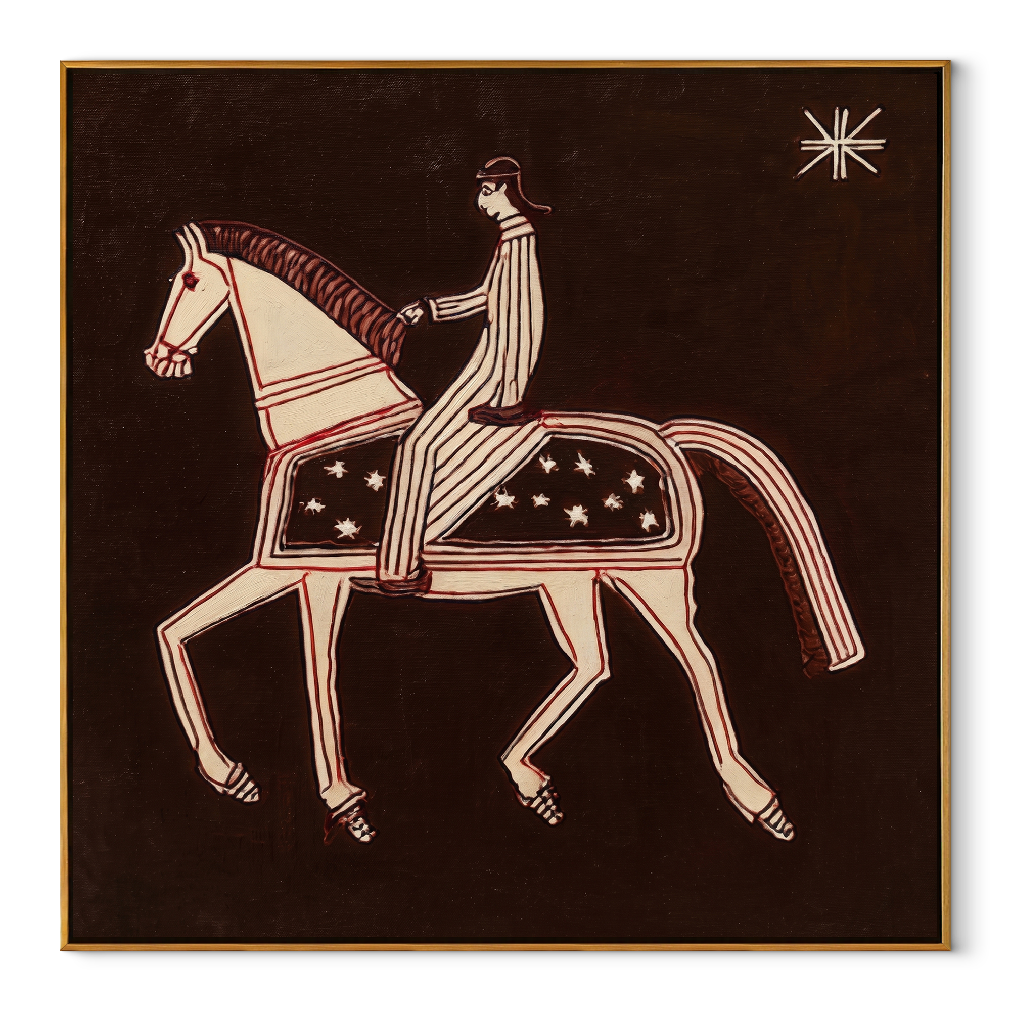 Striped Rider Walks Stars equestrian horse painting, square canvas artwork