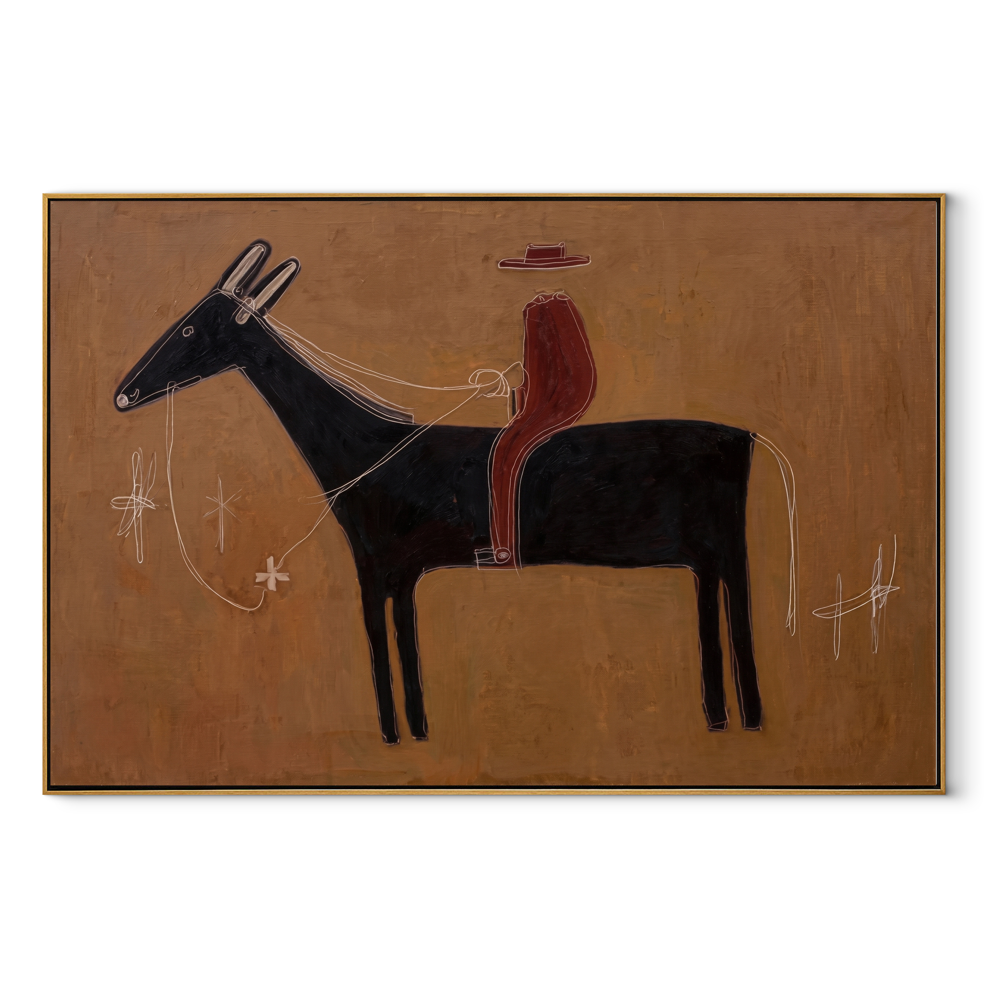 Red Silhouette Crosses Clay equestrian horse painting, horizontal canvas artwork
