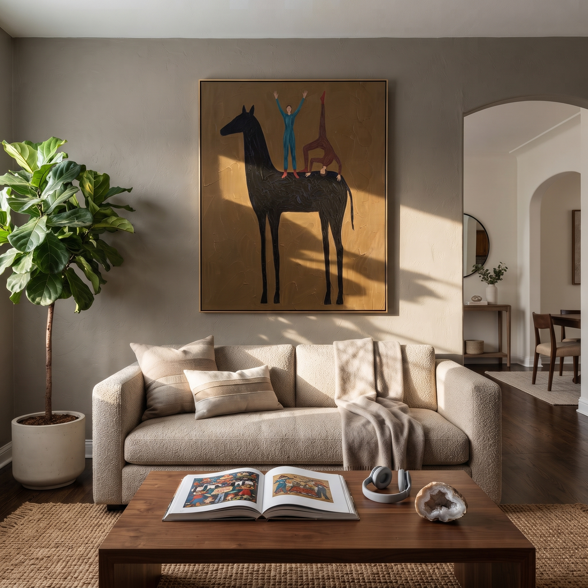 Two Acrobats Crown Midnight displayed in a layered residential setting