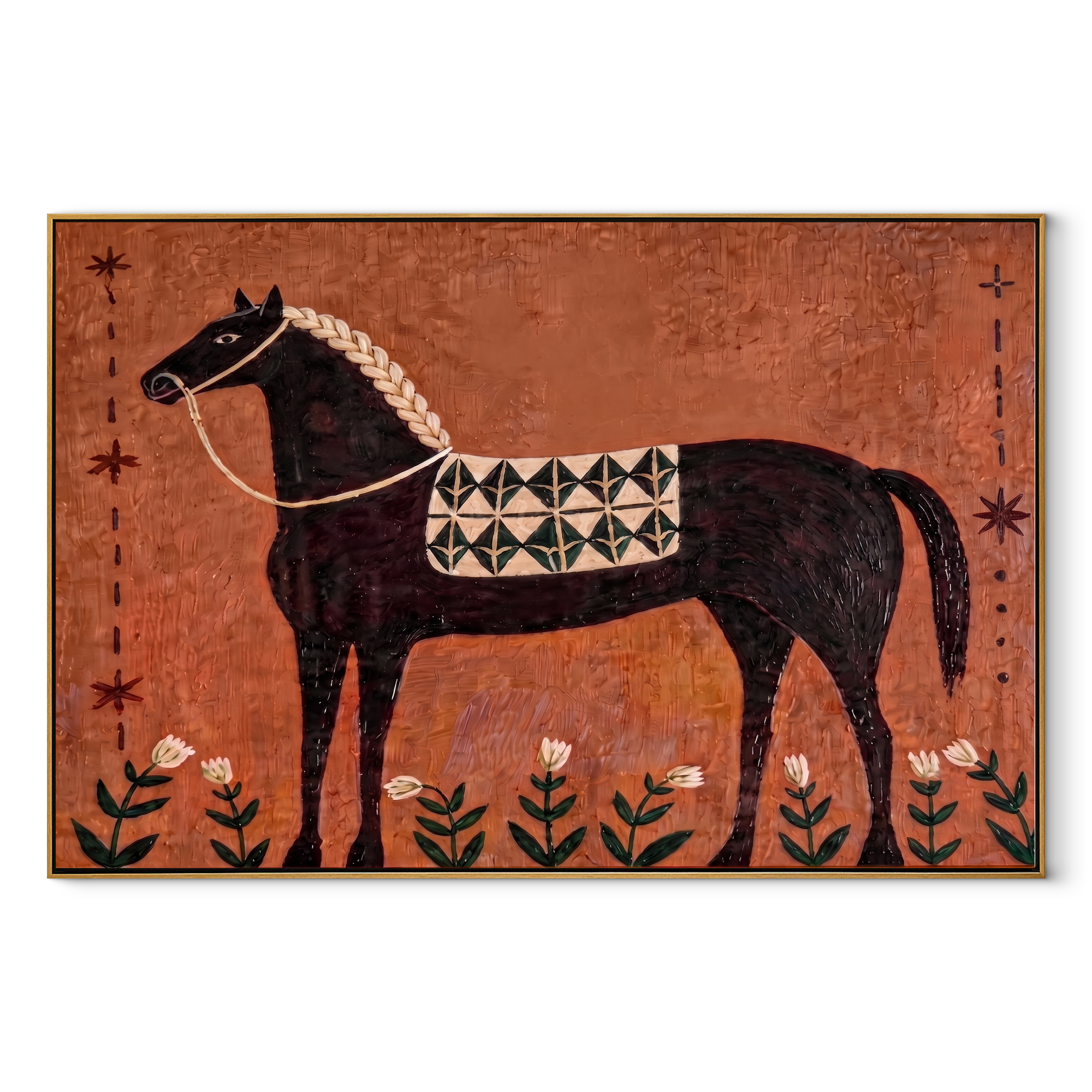Flowers Rise Beneath Dapples equestrian horse painting, horizontal canvas artwork