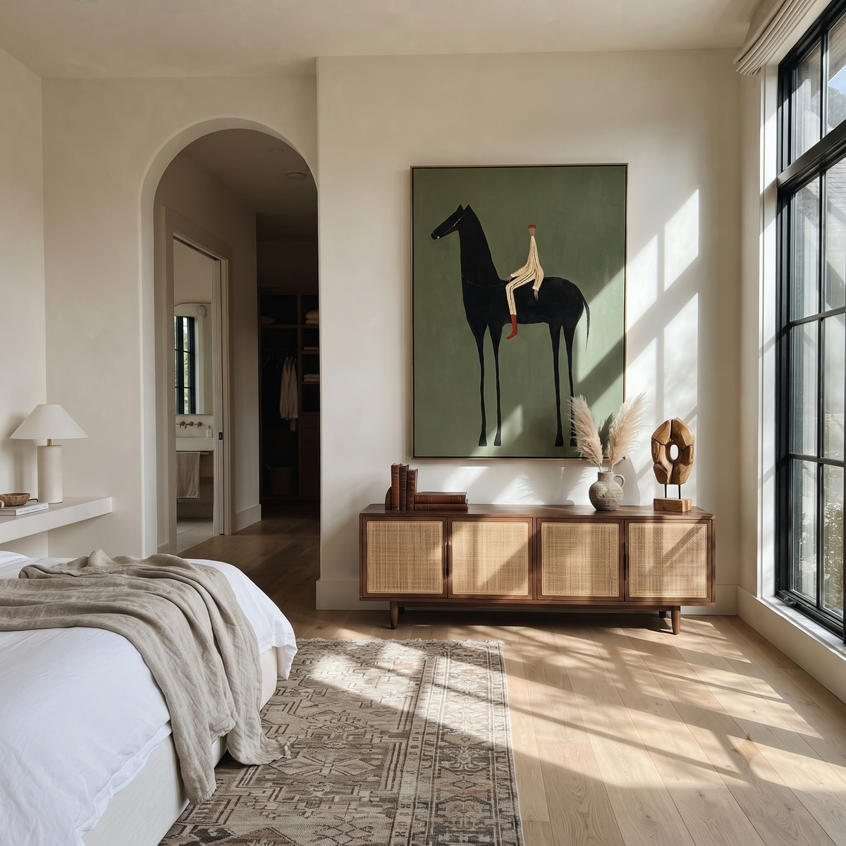 Pale Rider Sits High styled with wood, linen, and modern decor