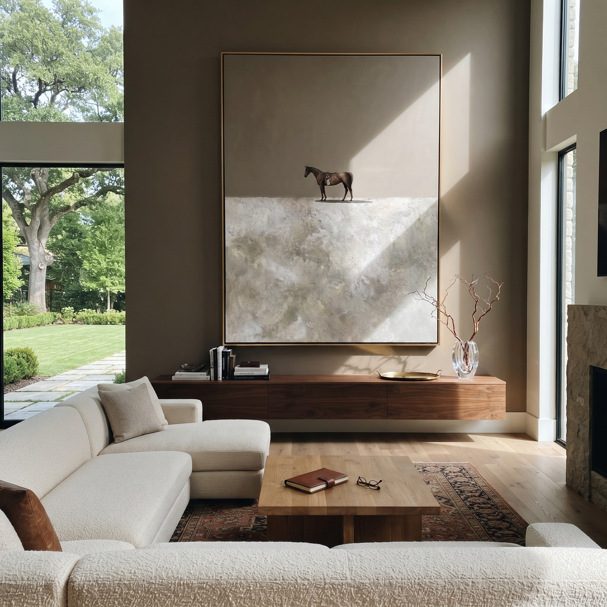Tiny Horse Crosses Snow displayed in a collected contemporary interior