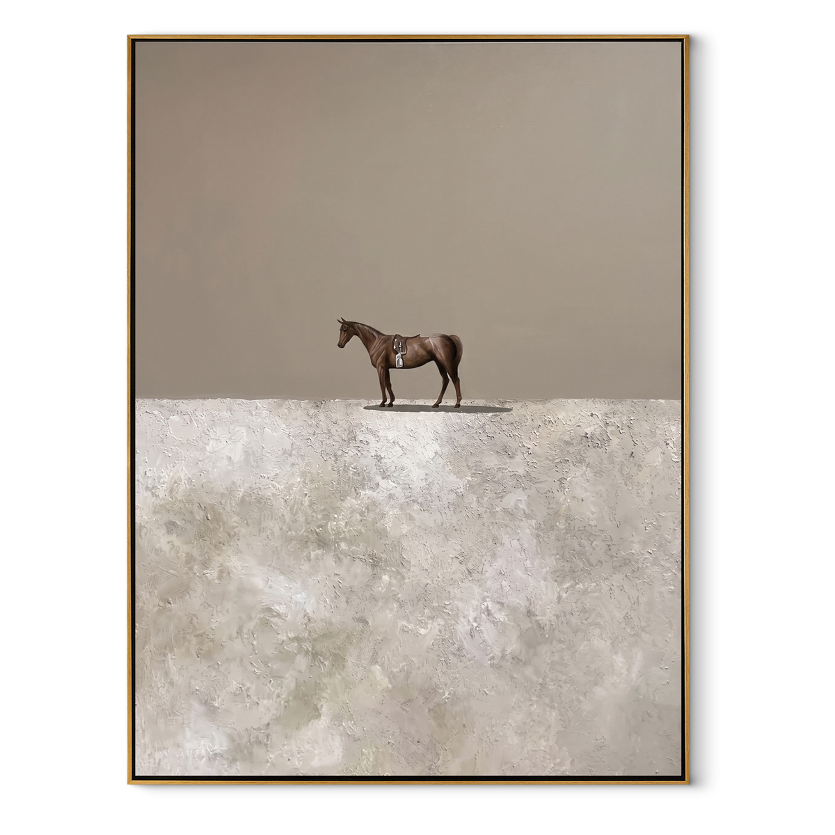 Tiny Horse Crosses Snow equestrian horse painting, vertical canvas artwork