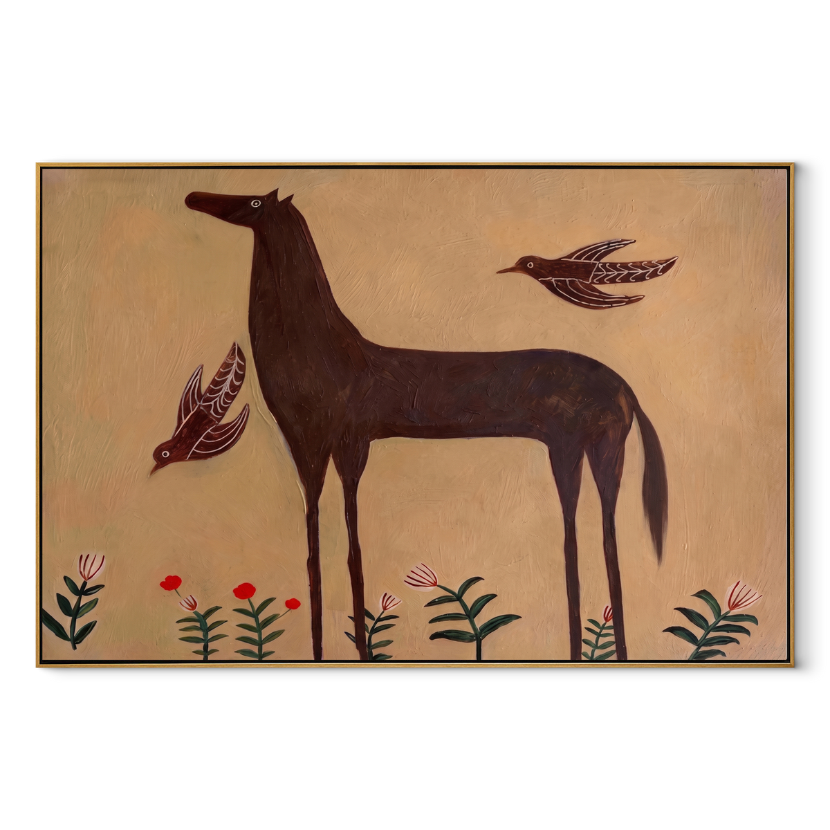 Birds Circle Brown Horse equestrian horse painting, horizontal canvas artwork