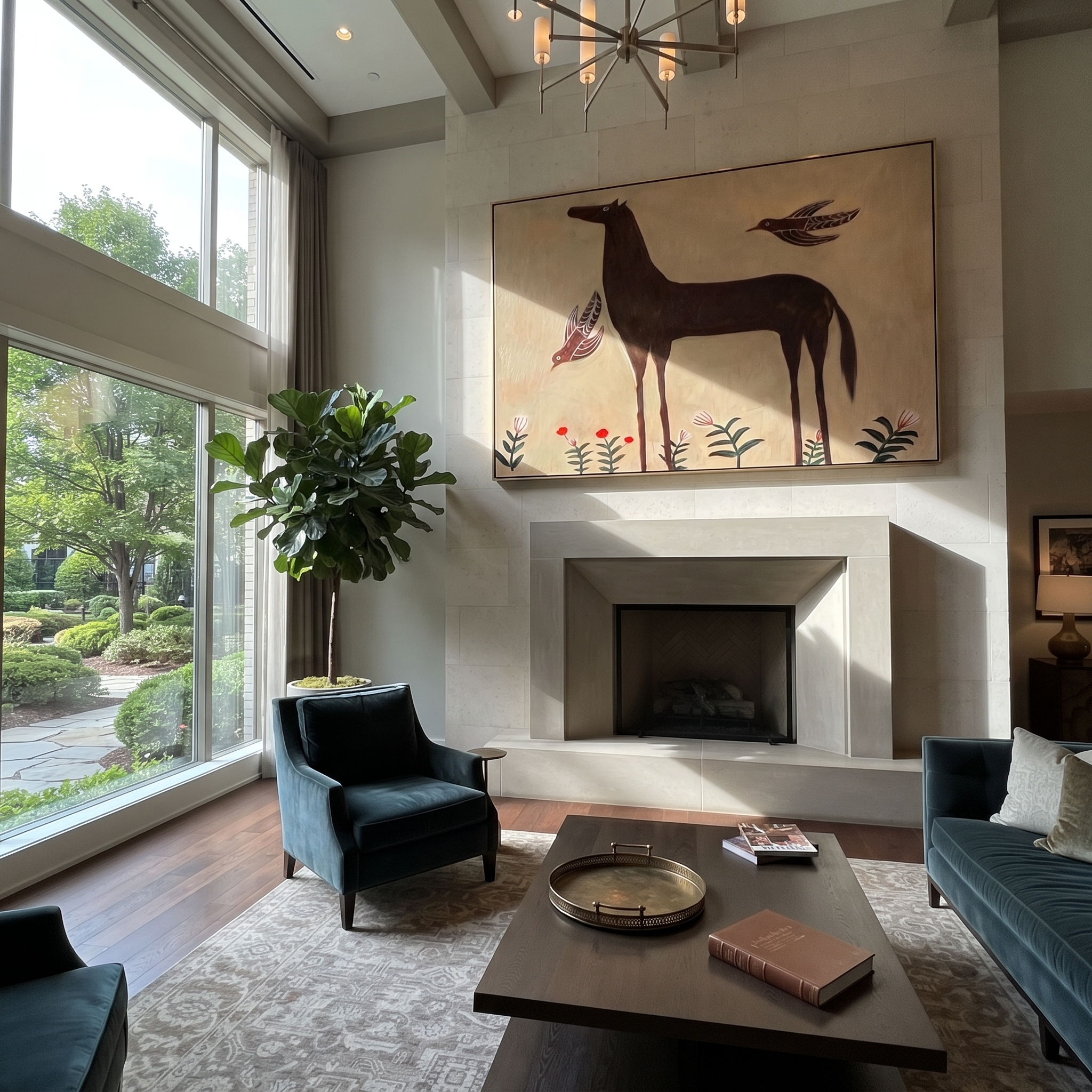 Birds Circle Brown Horse presented as a colorful interior focal point