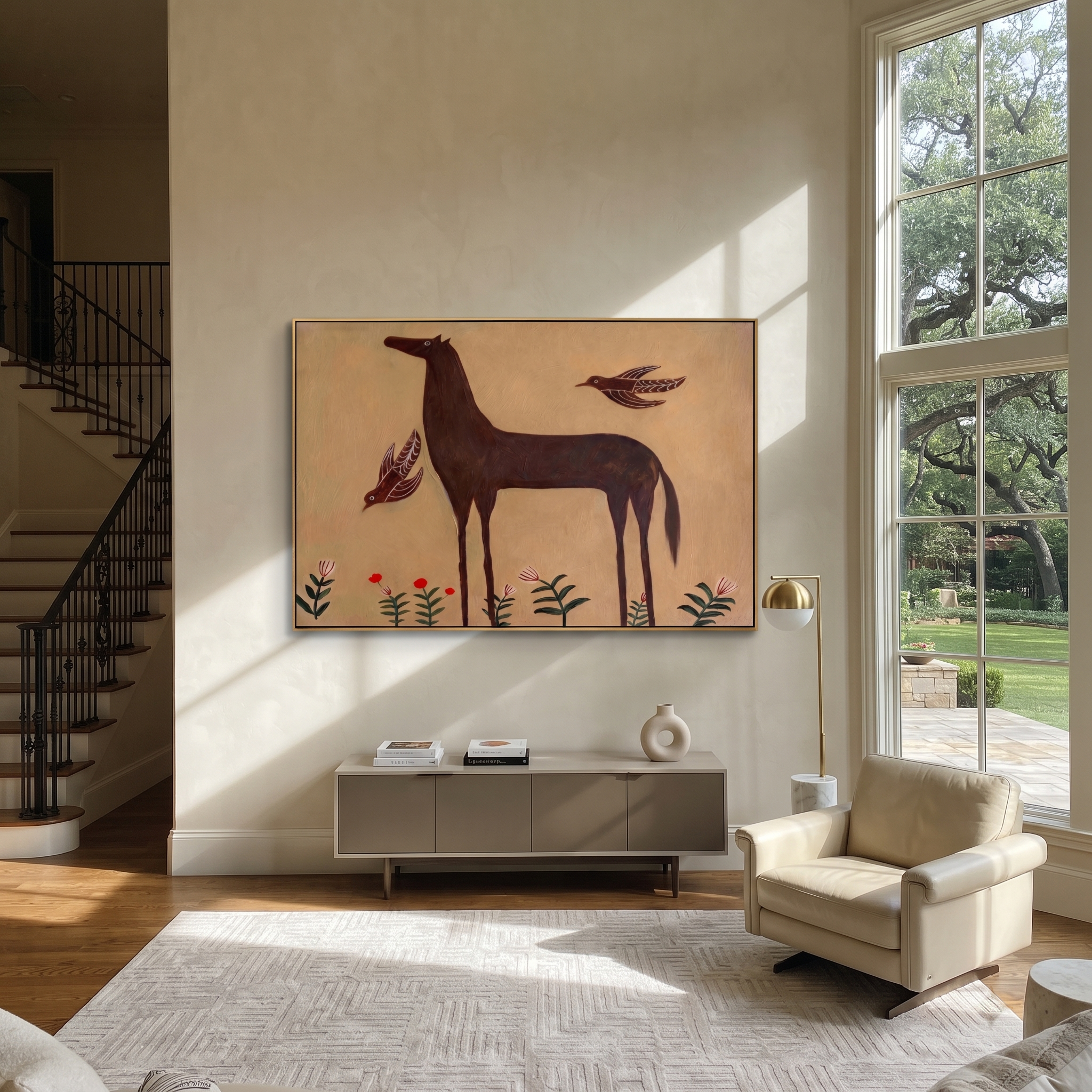 Birds Circle Brown Horse displayed in a layered residential setting