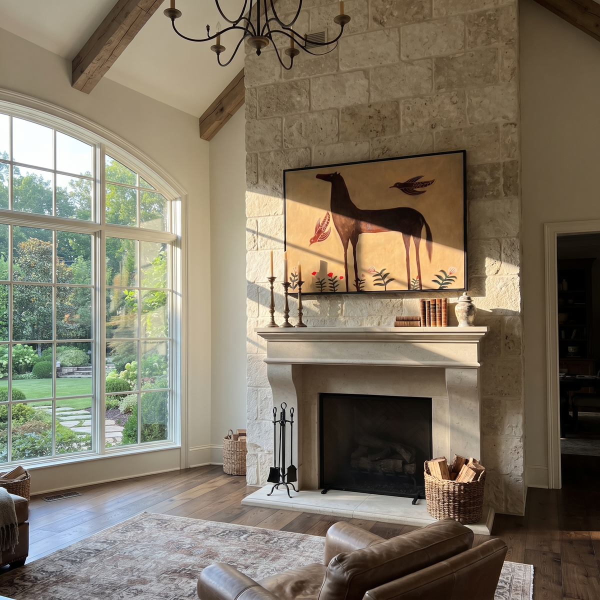 Birds Circle Brown Horse styled with wood, linen, and modern decor