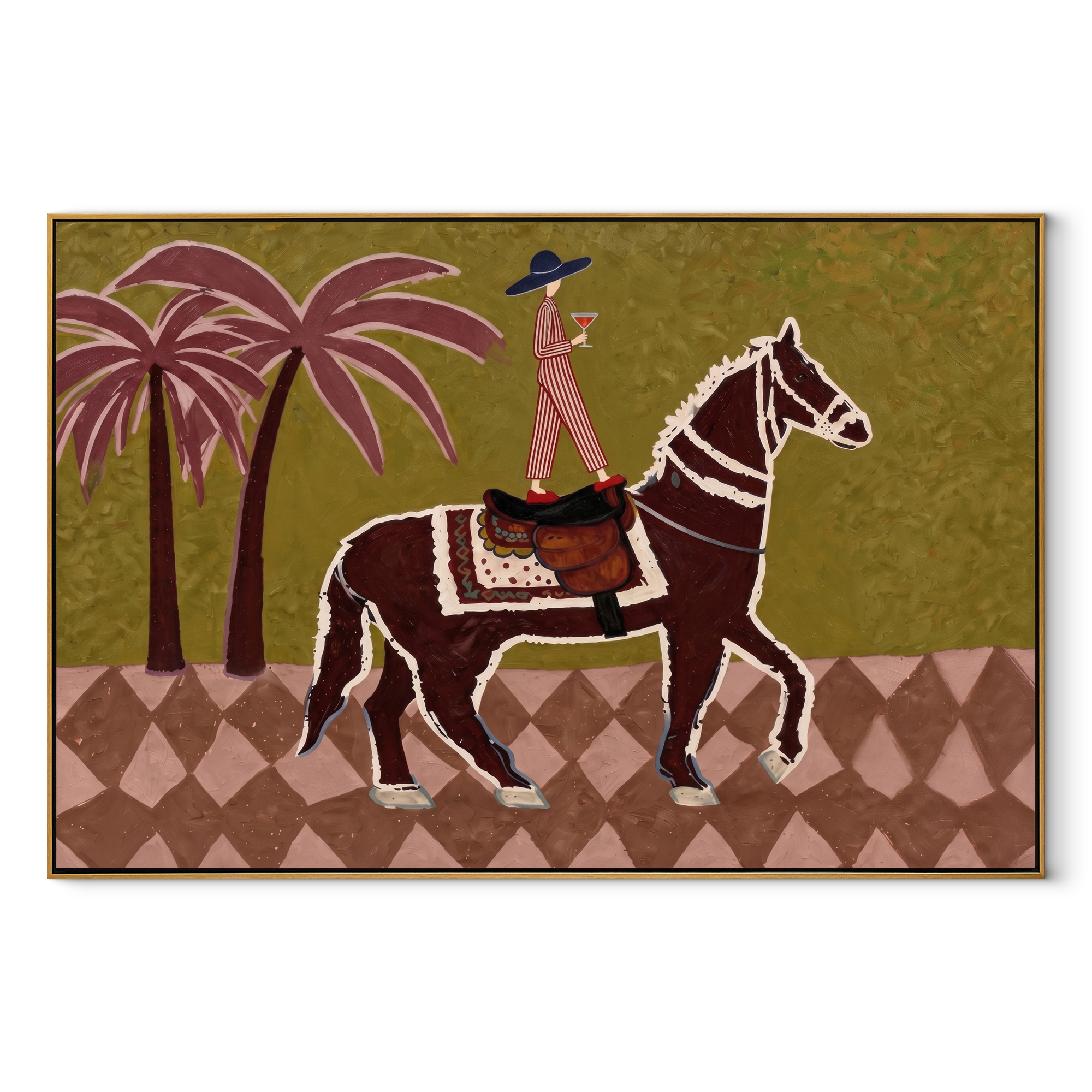 Palm Shadows Follow Rider equestrian horse painting, horizontal canvas artwork