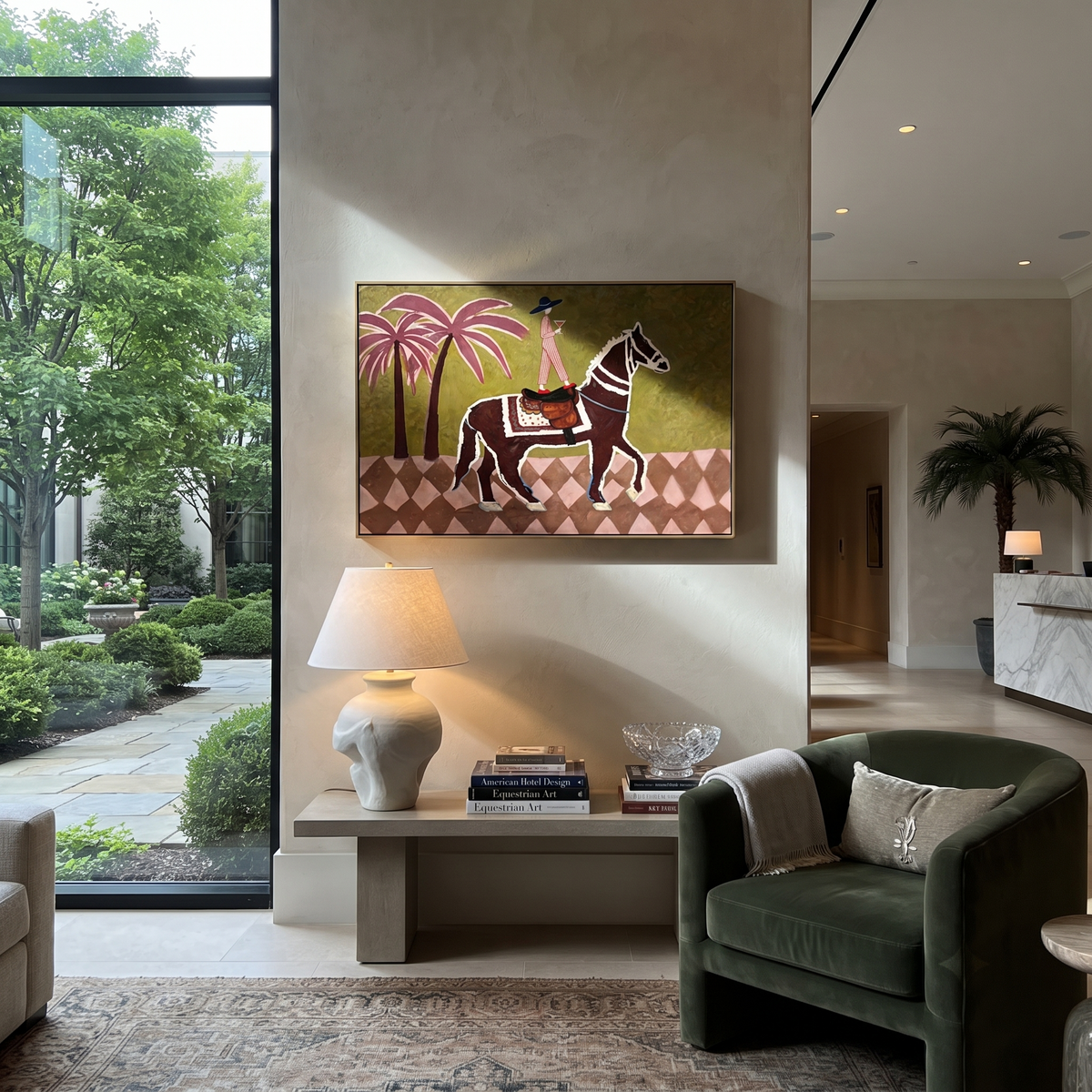 Palm Shadows Follow Rider styled with wood, linen, and modern decor