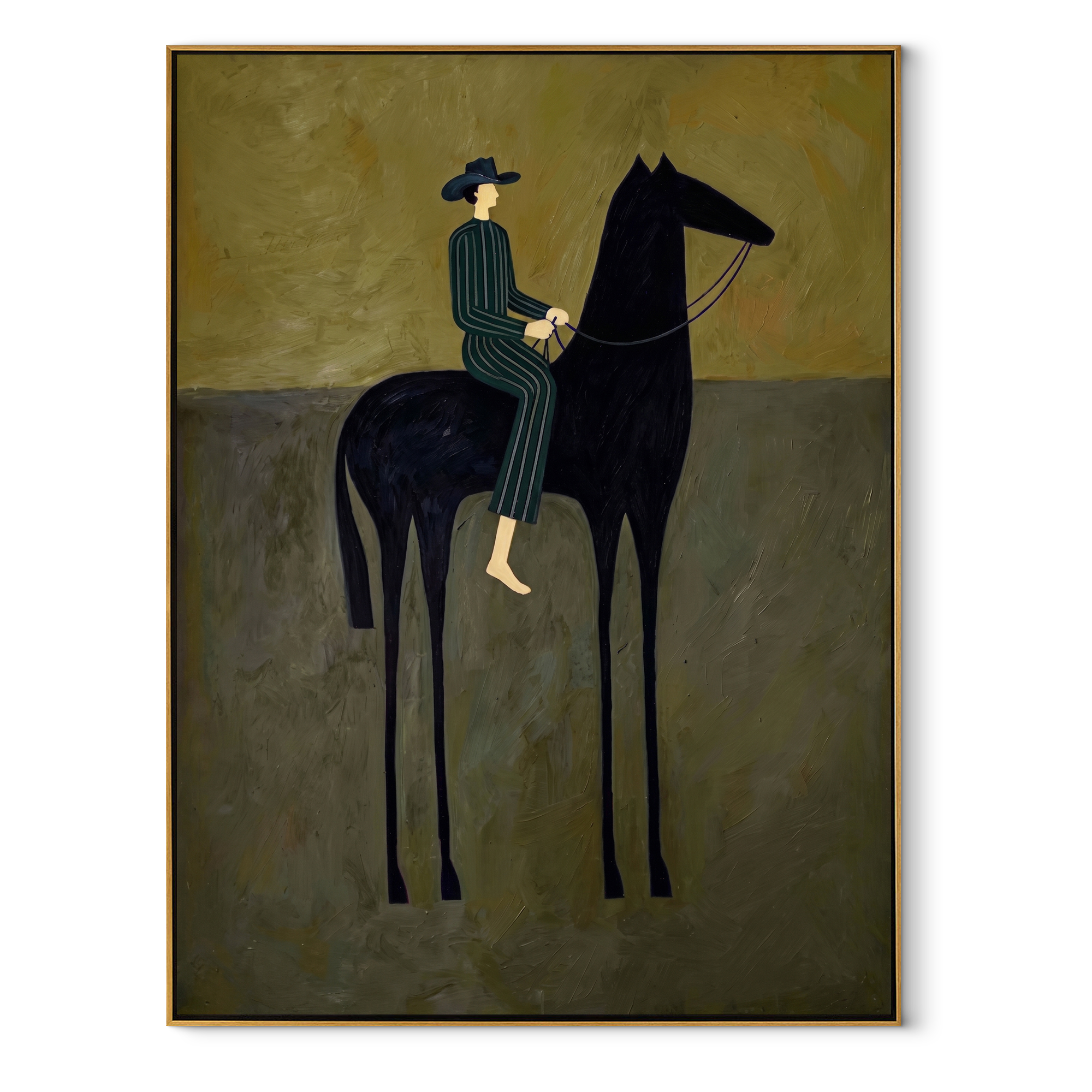 Green Stripes Ride Midnight equestrian horse painting, vertical canvas artwork