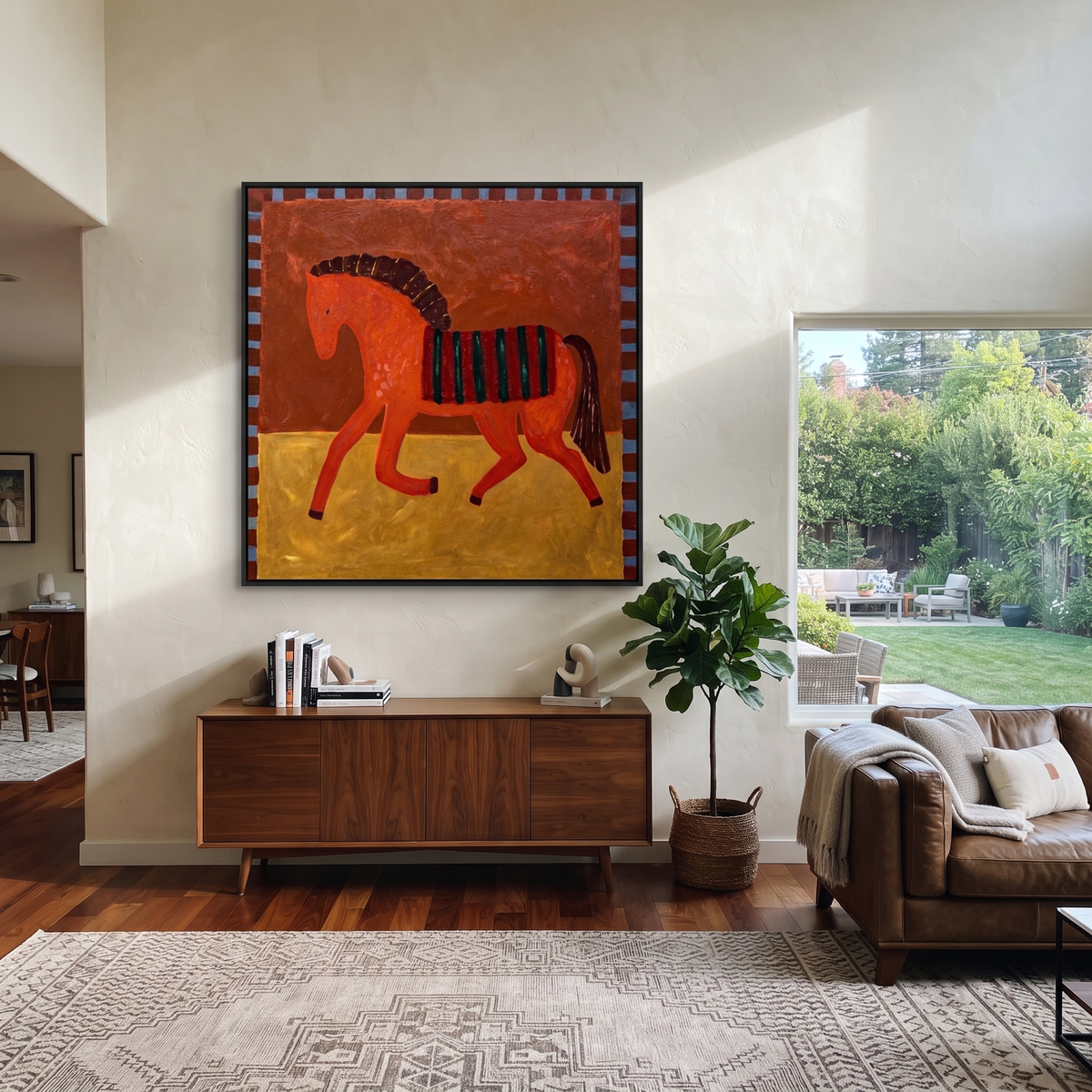 Coral Horse Walks Gold displayed in a collected contemporary interior