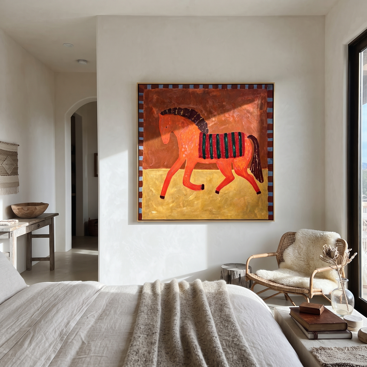 Coral Horse Walks Gold displayed in a layered residential setting
