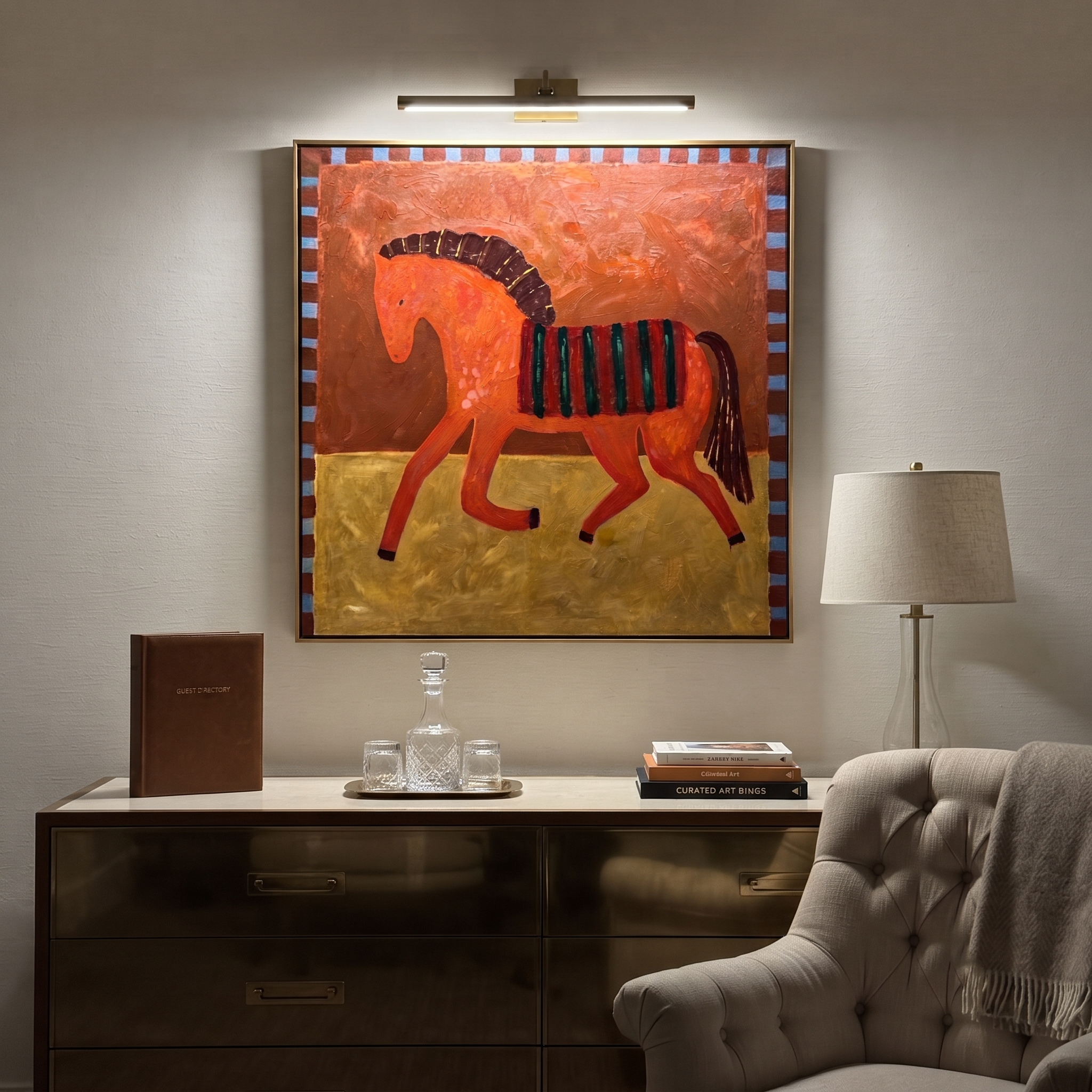 Coral Horse Walks Gold styled with wood, linen, and modern decor