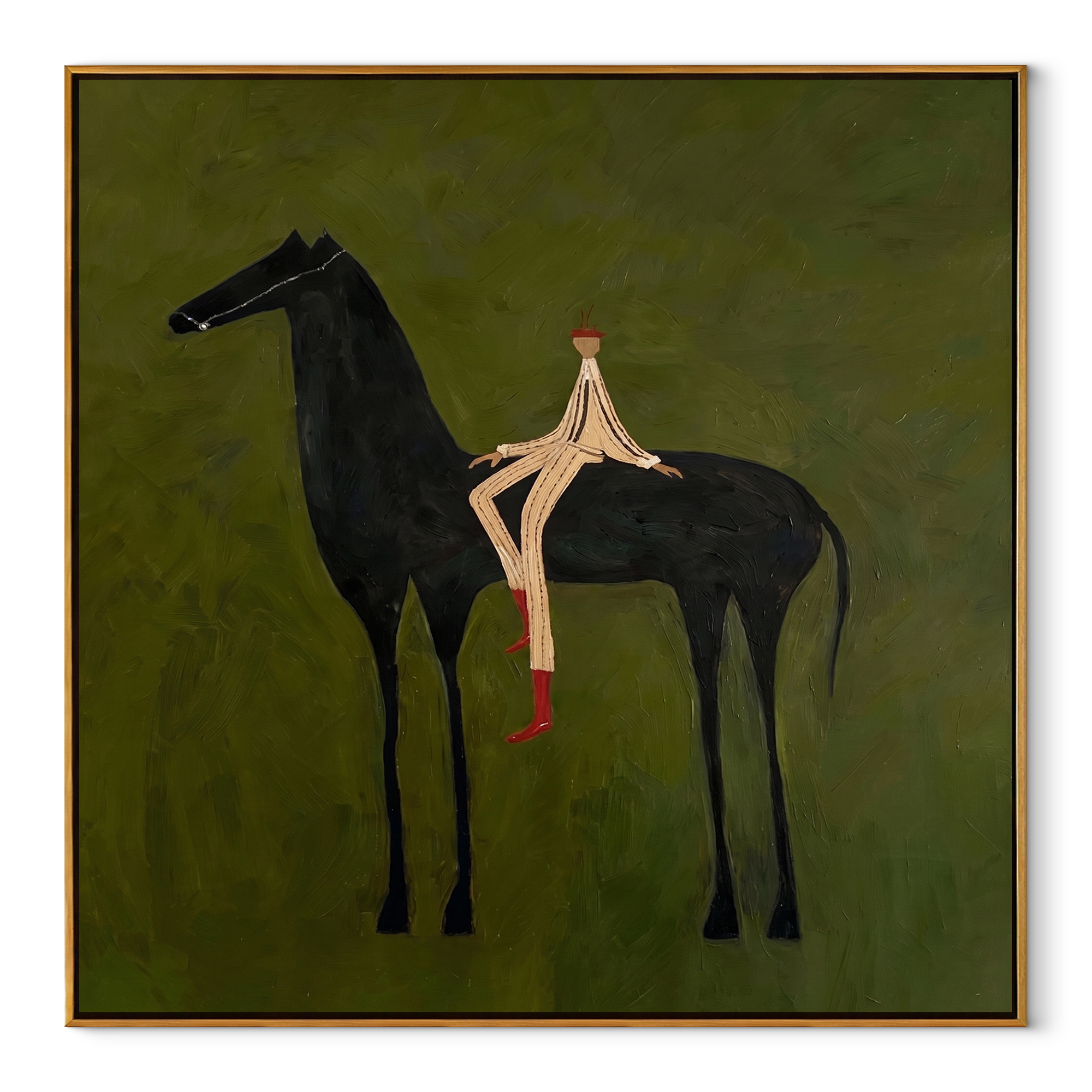 Red Boots Rest Black equestrian horse painting, square canvas artwork