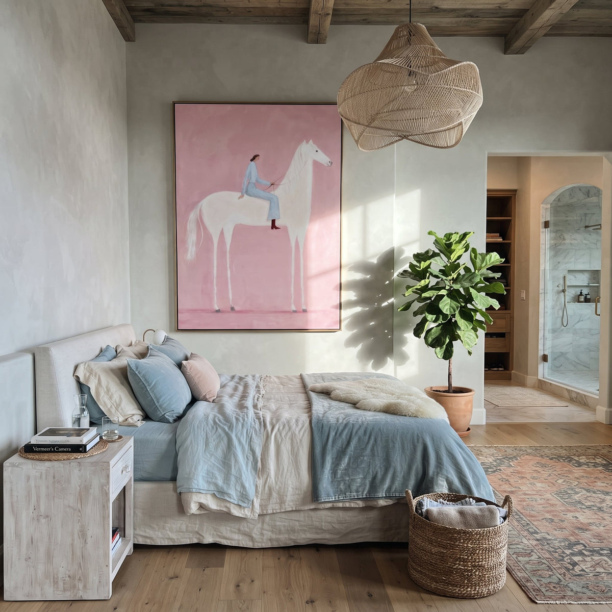Pink Air Carries Ivory styled with wood, linen, and modern decor