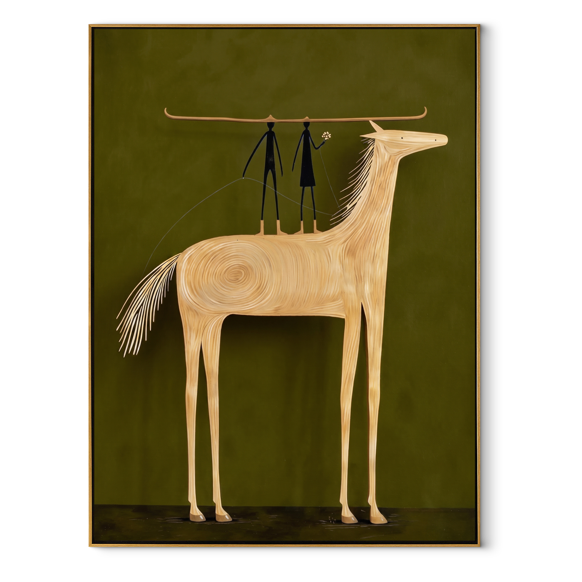 Two Figures Balance Ivory equestrian horse painting, vertical canvas artwork