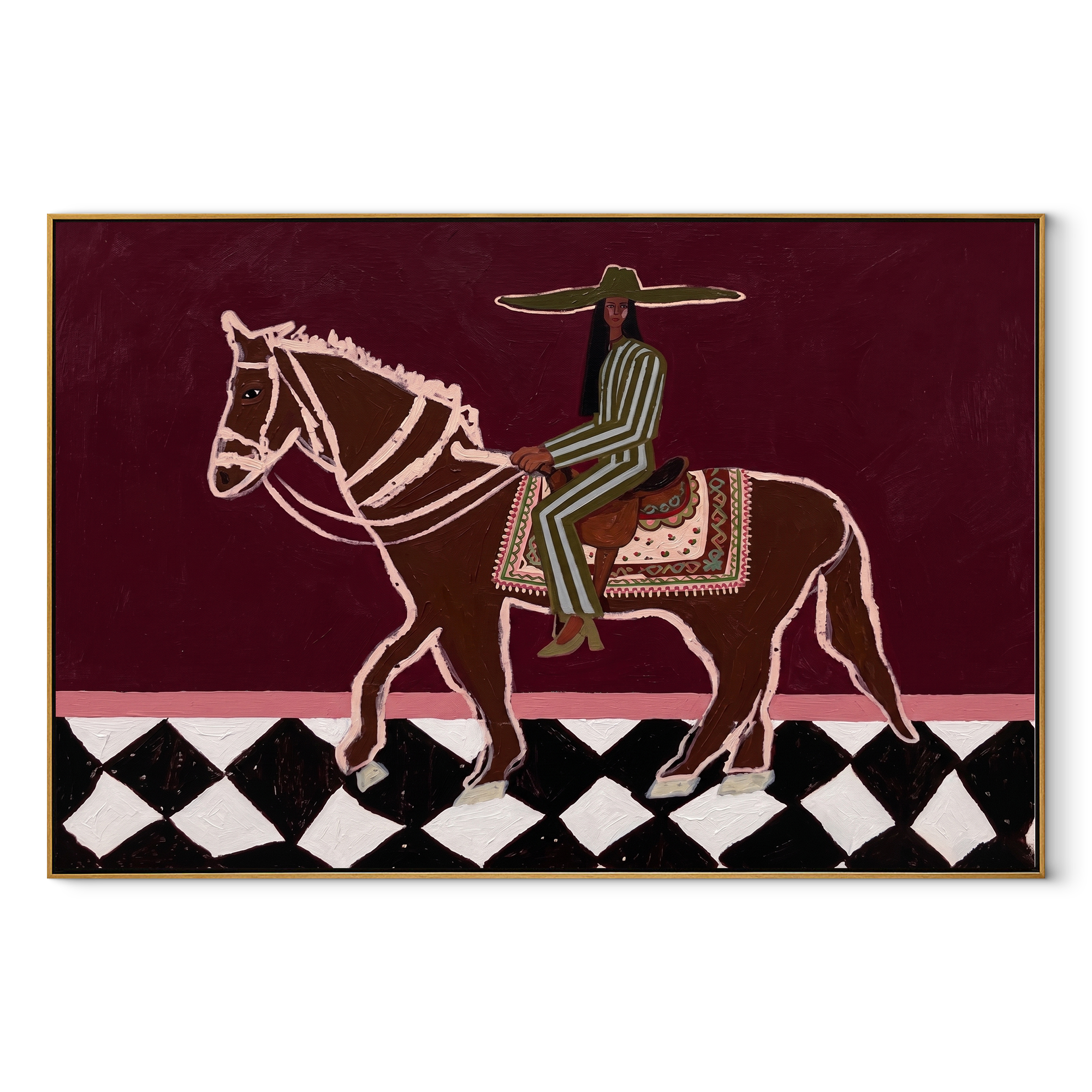 Checked Road Carries Rider equestrian horse painting, horizontal canvas artwork