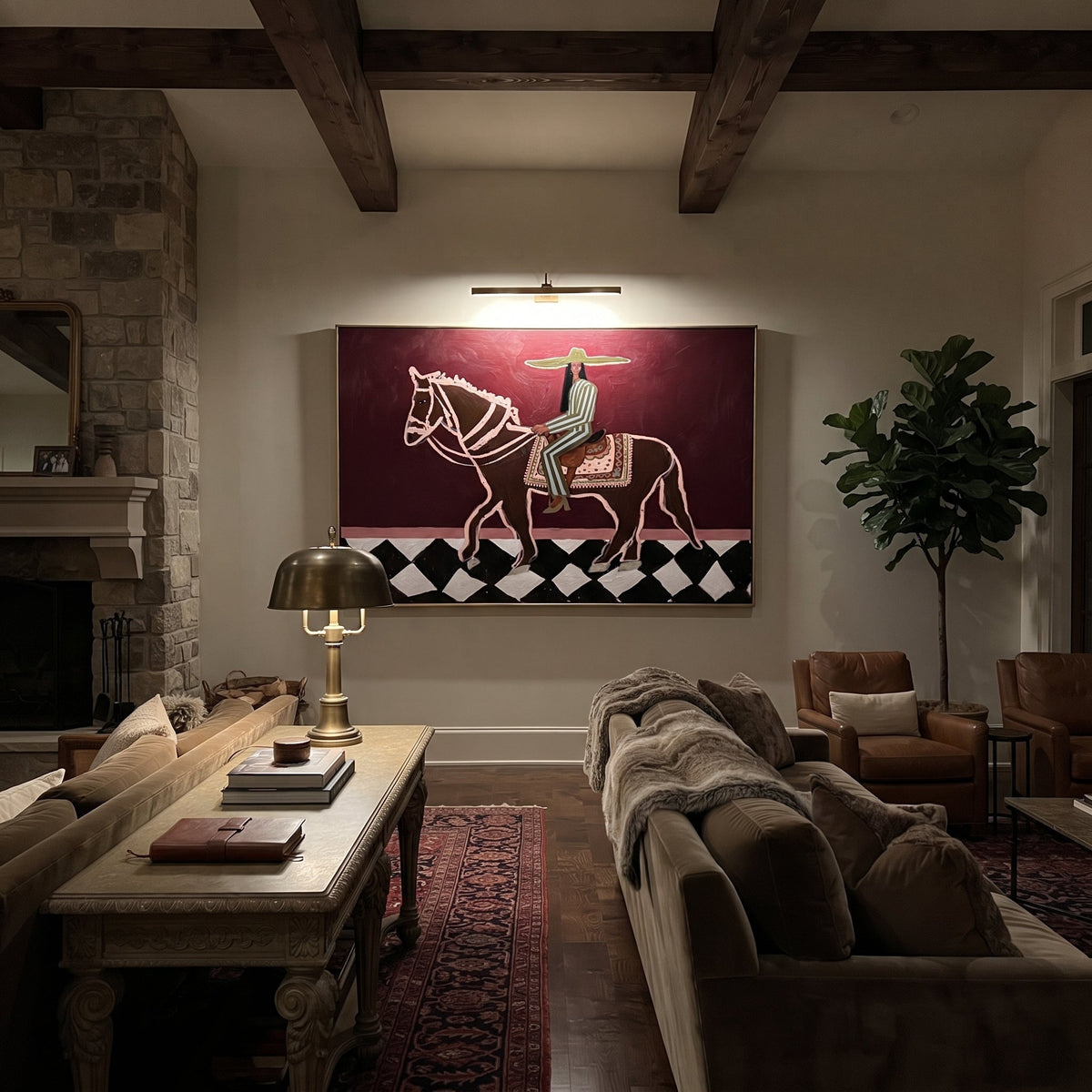 Checked Road Carries Rider styled with warm modern furnishings