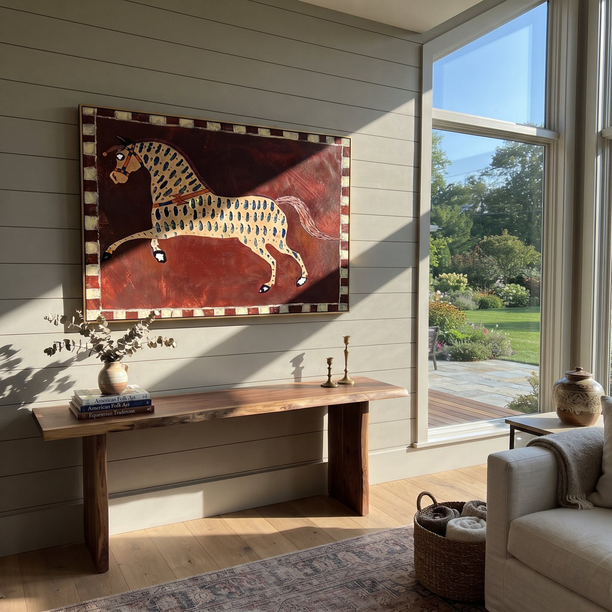 Blue Marks Gallop Burgundy displayed in a collected contemporary interior