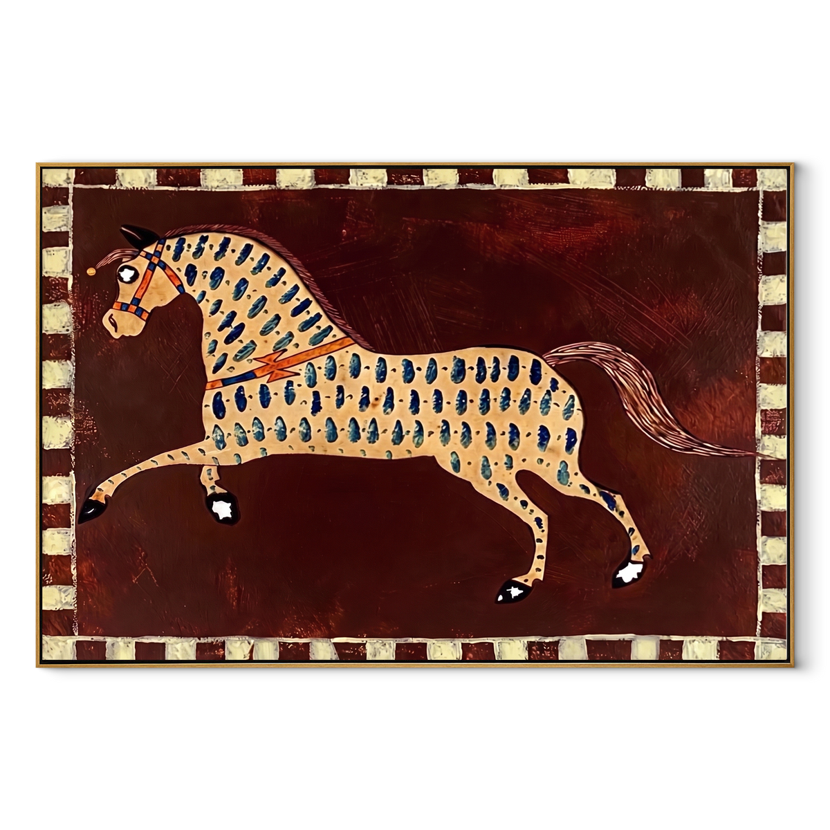 Blue Marks Gallop Burgundy equestrian horse painting, horizontal canvas artwork
