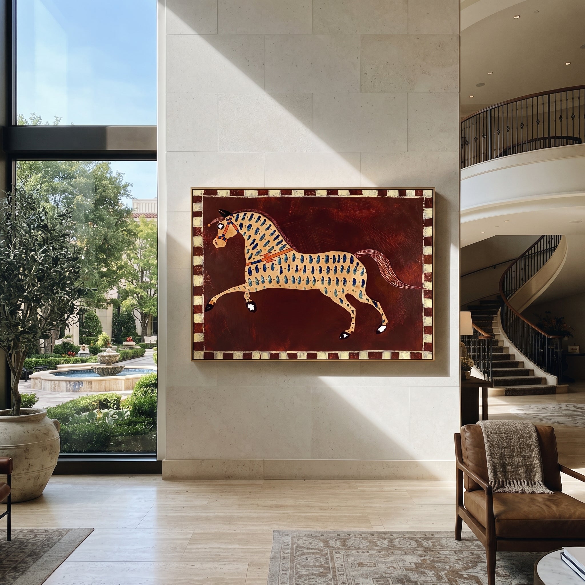 Blue Marks Gallop Burgundy presented as a colorful interior focal point