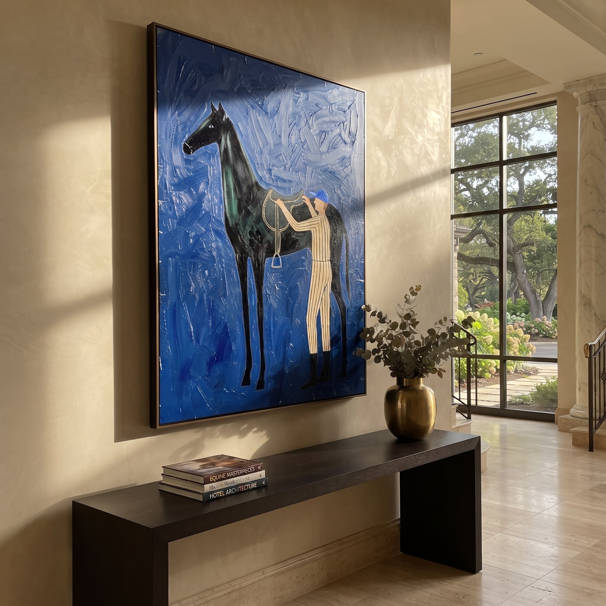 Silver Reins Meet Cobalt displayed in a collected contemporary interior