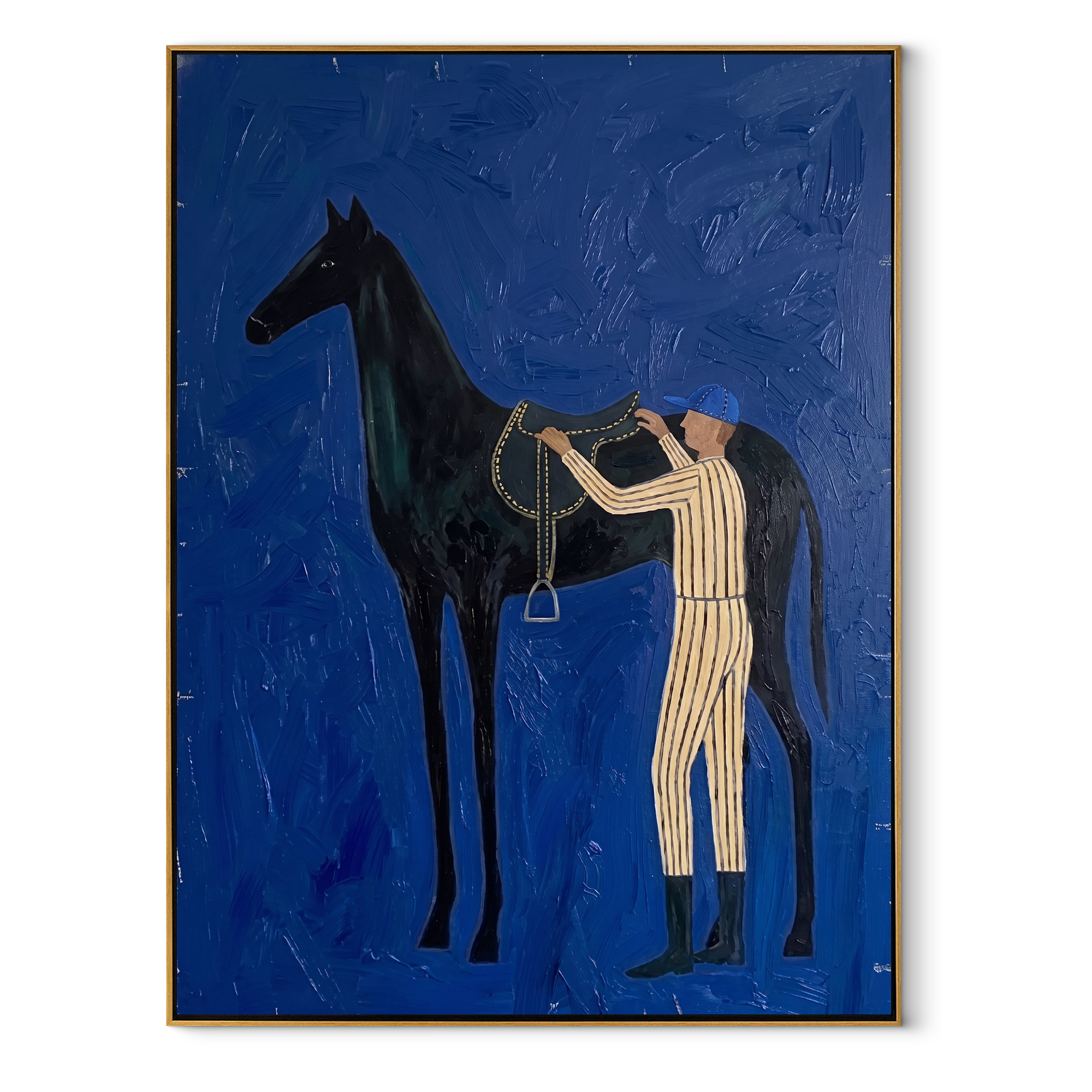 Silver Reins Meet Cobalt equestrian horse painting, vertical canvas artwork