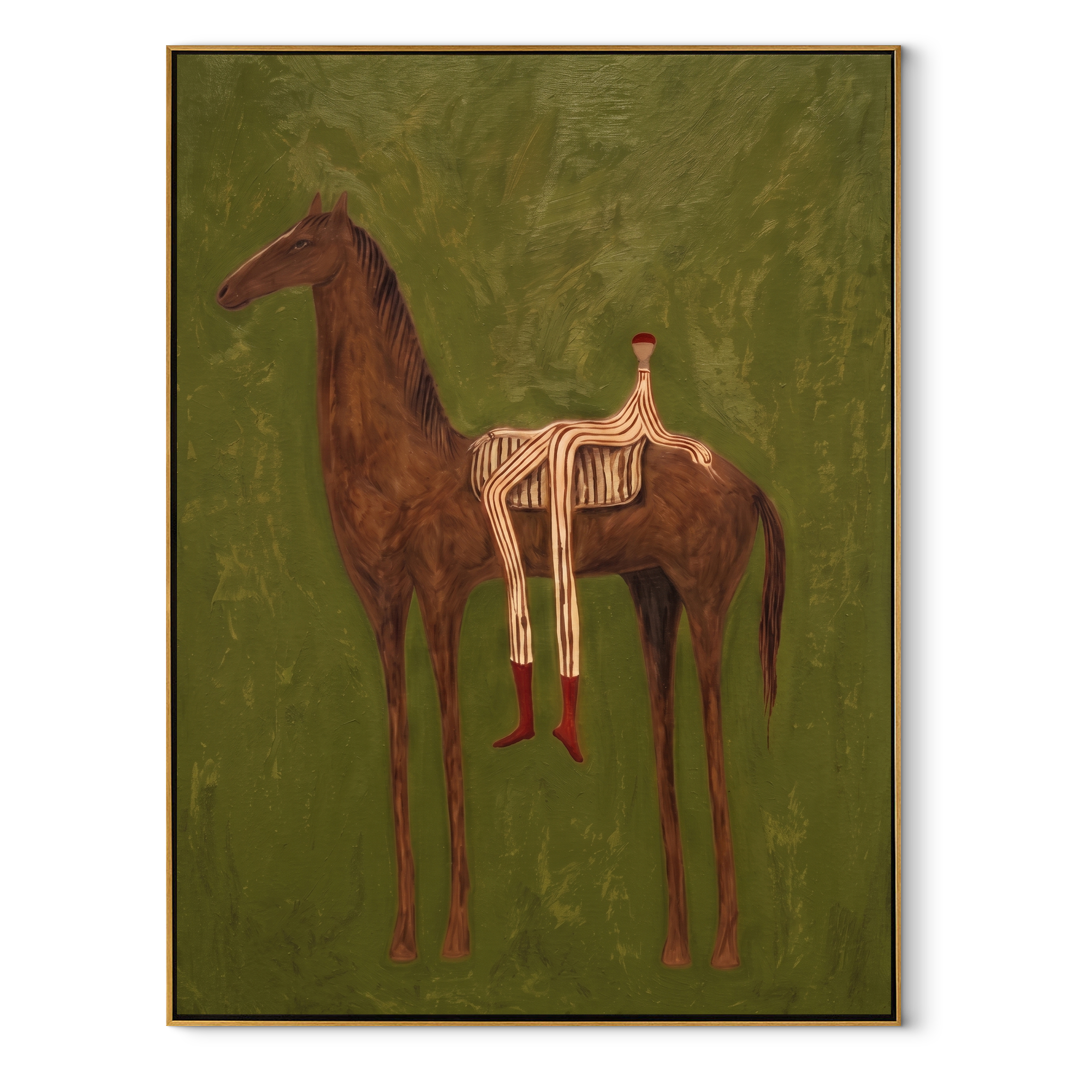 Chestnut Carries Striped Rest equestrian horse painting, vertical canvas artwork