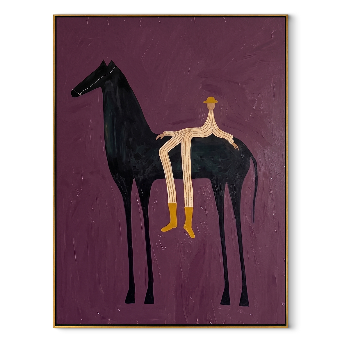 Yellow Boots Cross Violet equestrian horse painting, vertical canvas artwork
