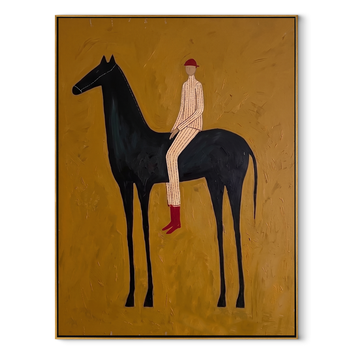 Ochre Field Lifts Rider equestrian horse painting, vertical canvas artwork